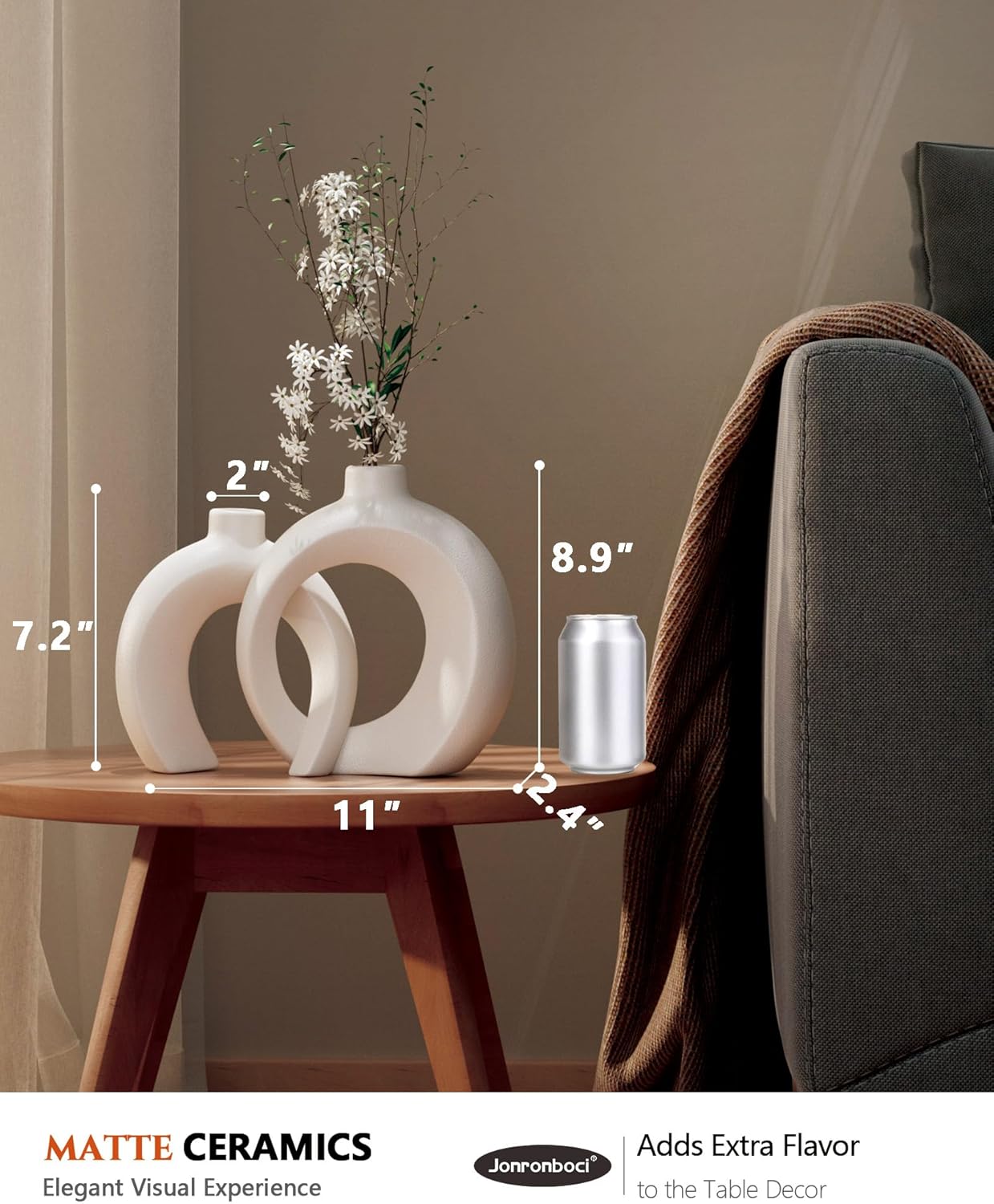 Provides exact measurements of the ceramic vases to help customers understand their size and how they'll fit in their space. Shows the vases in a real-world context, demonstrating how they can be…