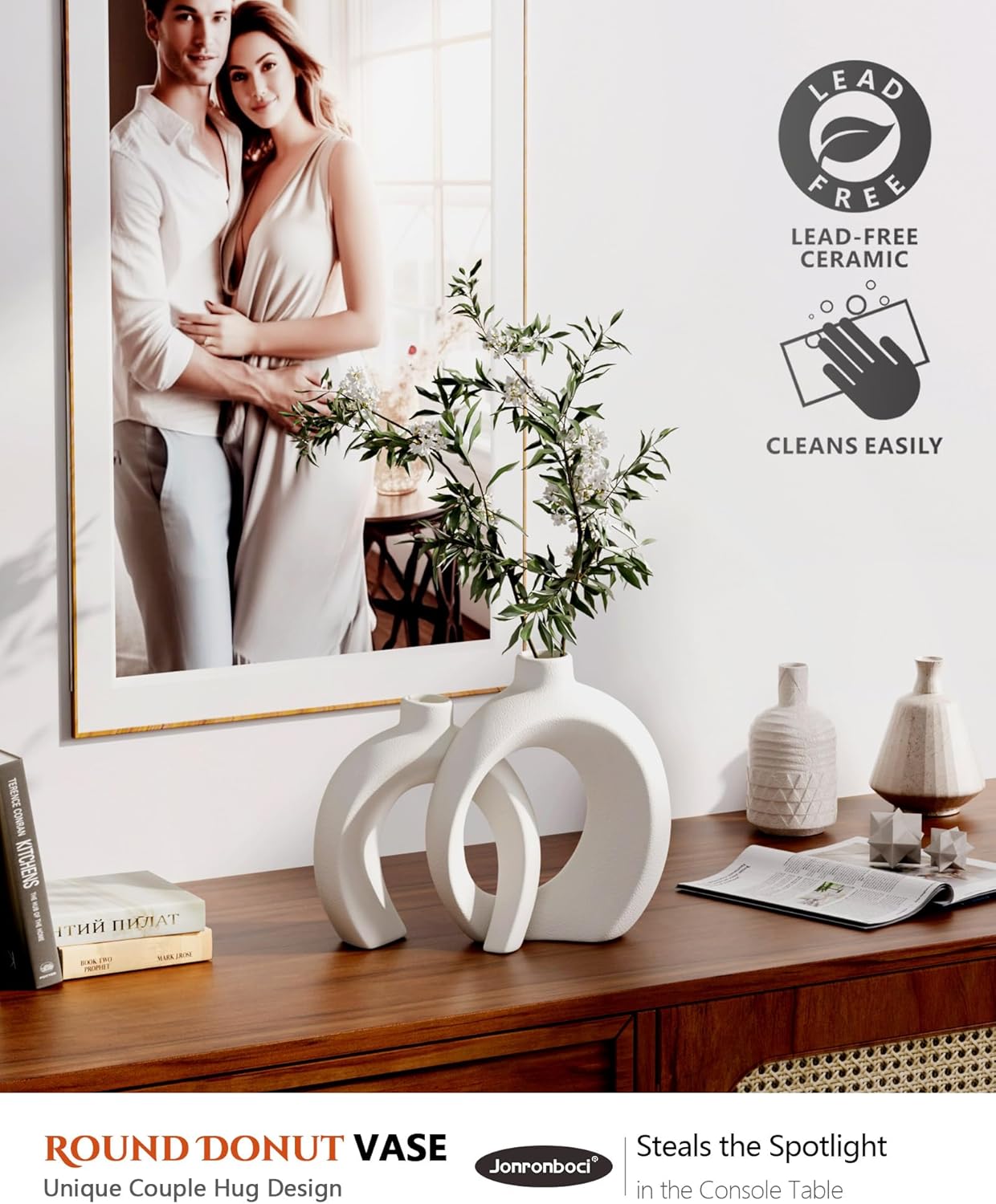 Highlights multiple product features to showcase its safety, practicality, and aesthetic appeal. Emphasizes the vase's distinctive shape that resembles a couple embracing, appealing to romantic…