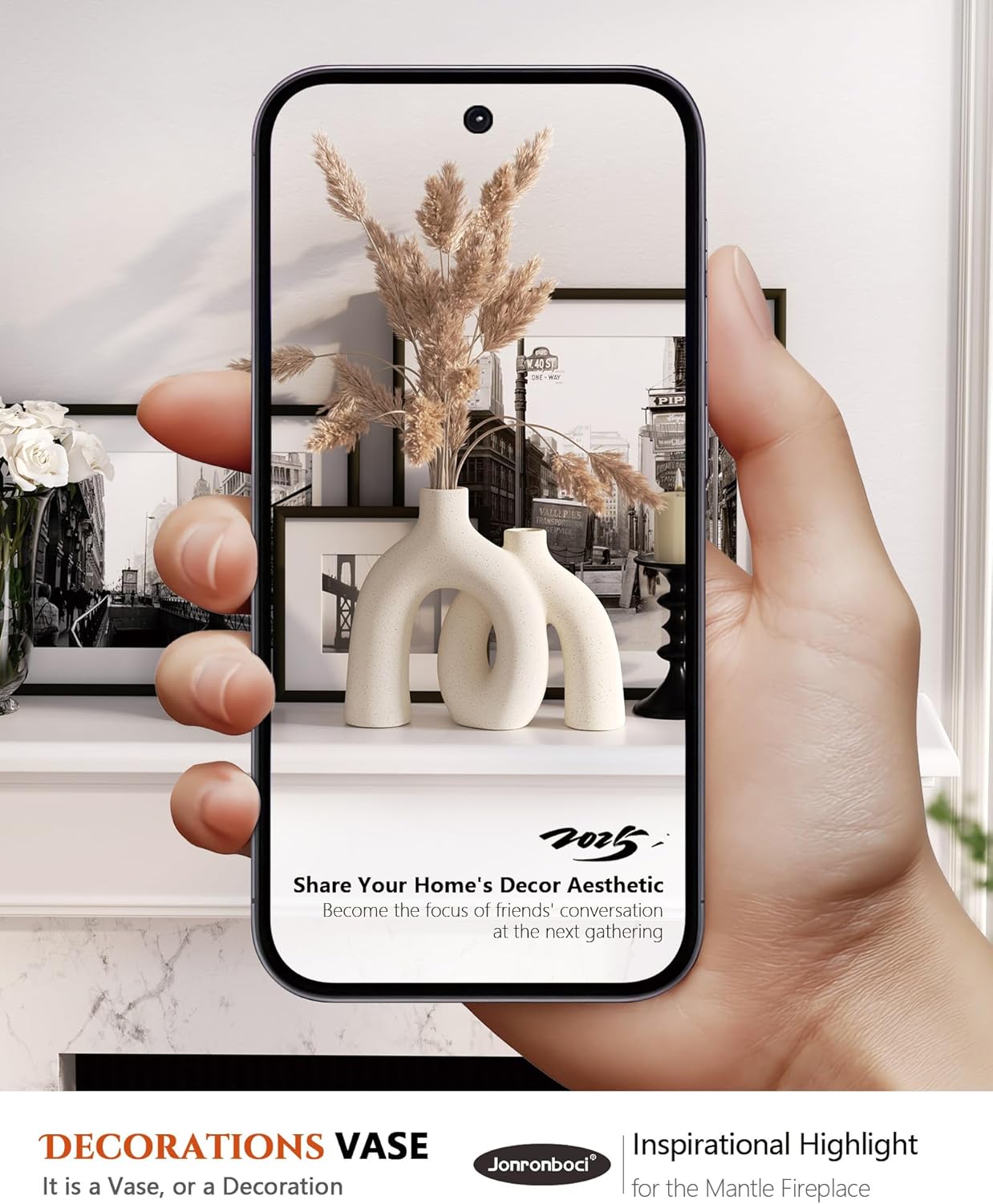 Showcases the product in a stylish home setting to inspire customers and demonstrate how it can enhance their decor. Illustrates how the vase can be used as a decorative element and conversation…