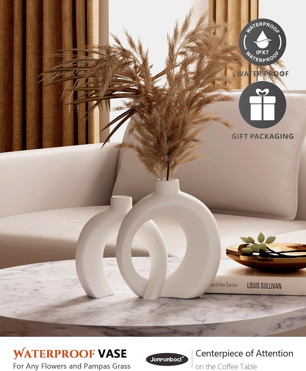 Highlights the vase's waterproof feature, reassuring customers about its durability and suitability for holding water and flowers. Informs customers that the product comes with gift packaging,…