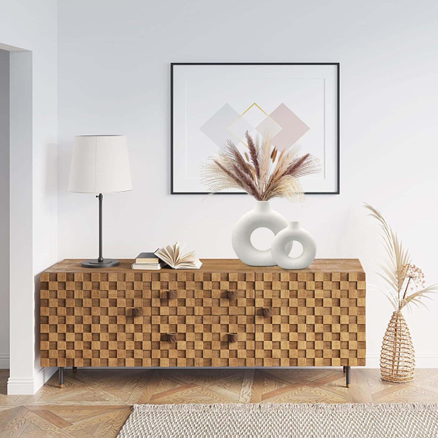Showcases the product in a stylish, minimalist home setting to appeal to design-conscious shoppers.