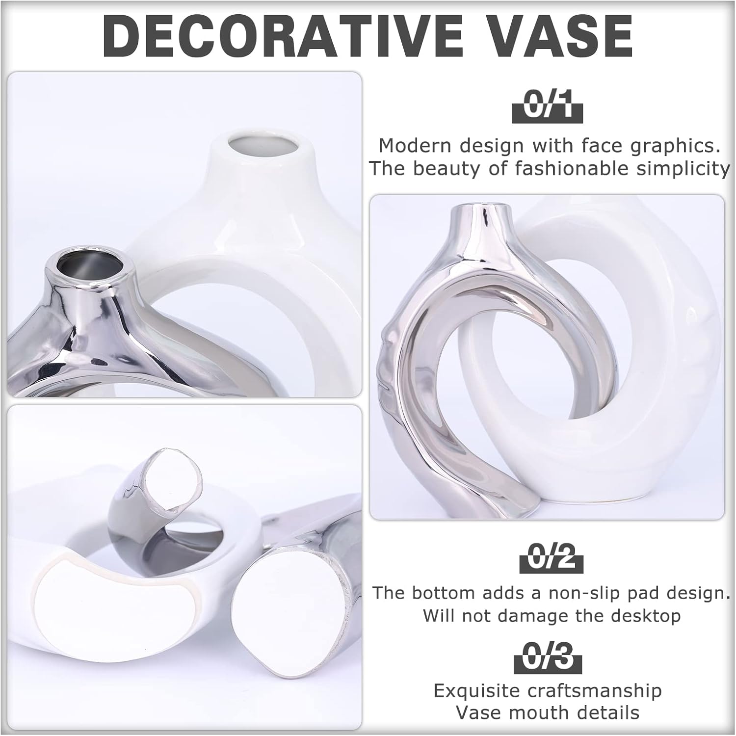 Highlights multiple features of the decorative vase including its modern aesthetic, practical non-slip base, and quality construction.