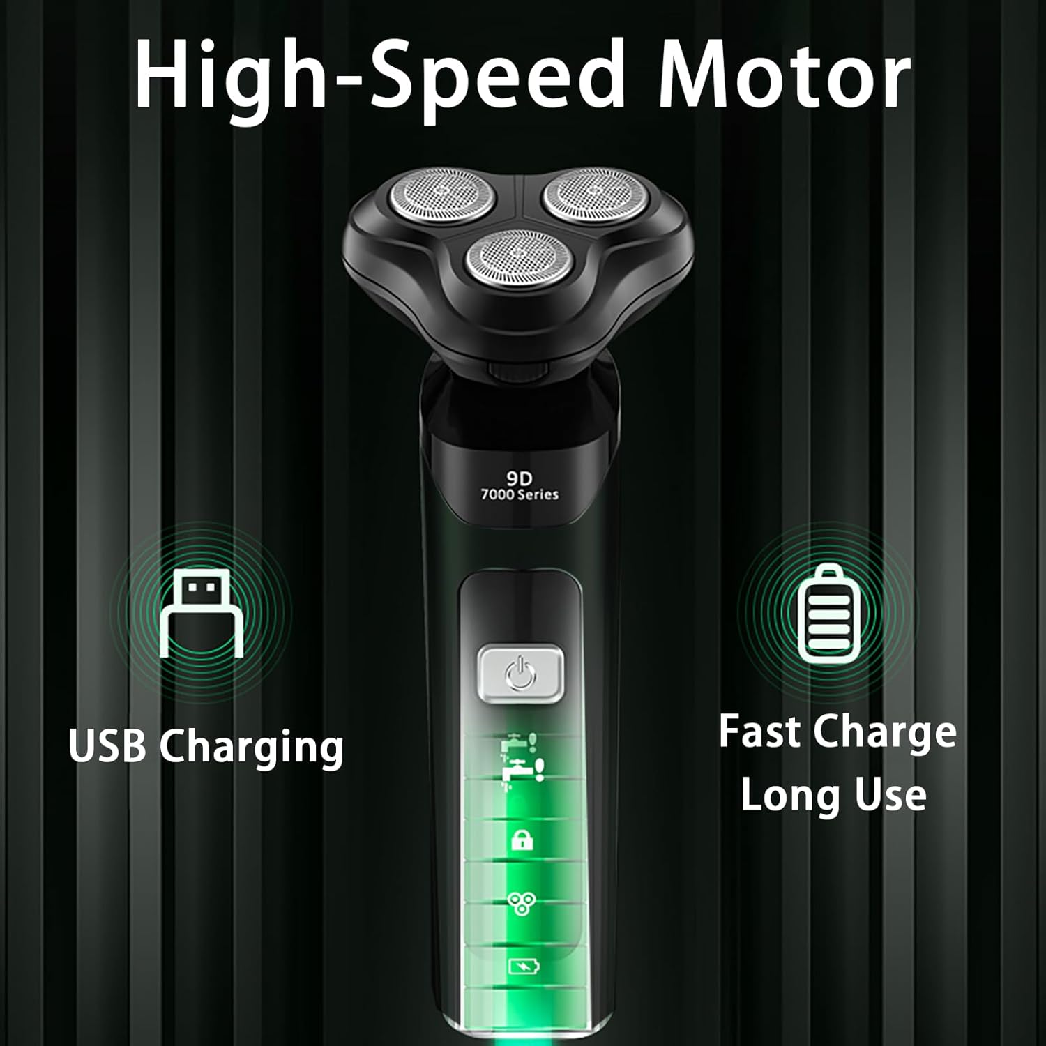Highlights multiple key features of the electric shaver to demonstrate its advanced technology and convenience.