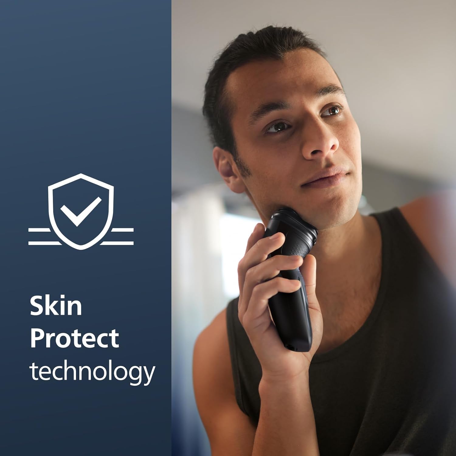 Highlights the product's skin protection feature to reassure users about the safety and gentleness of the shaver on their skin.