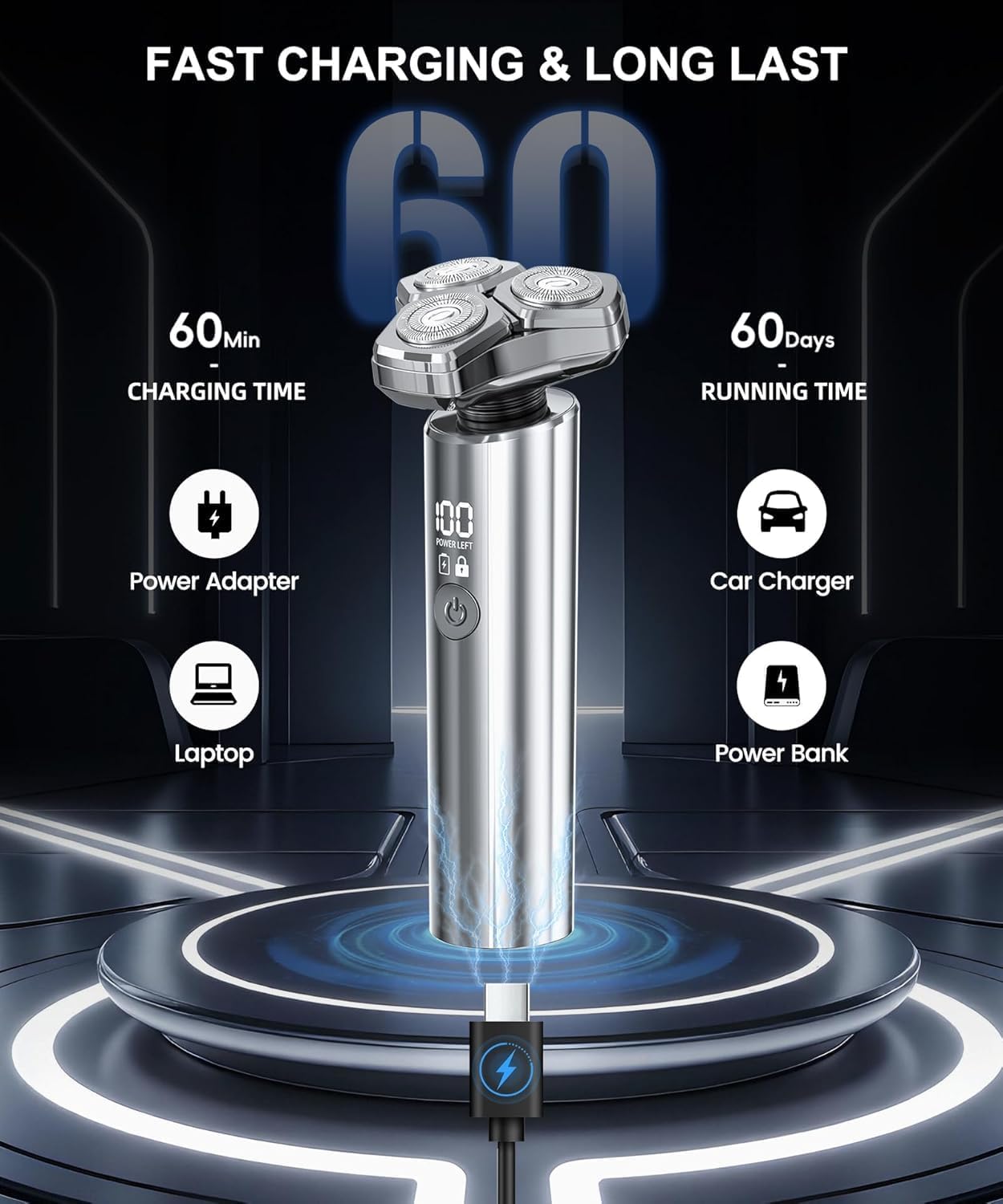 Highlights the product's quick charging capability and extended battery life to emphasize its convenience and reliability. Provides specific numerical data on charging and usage duration to quantify…