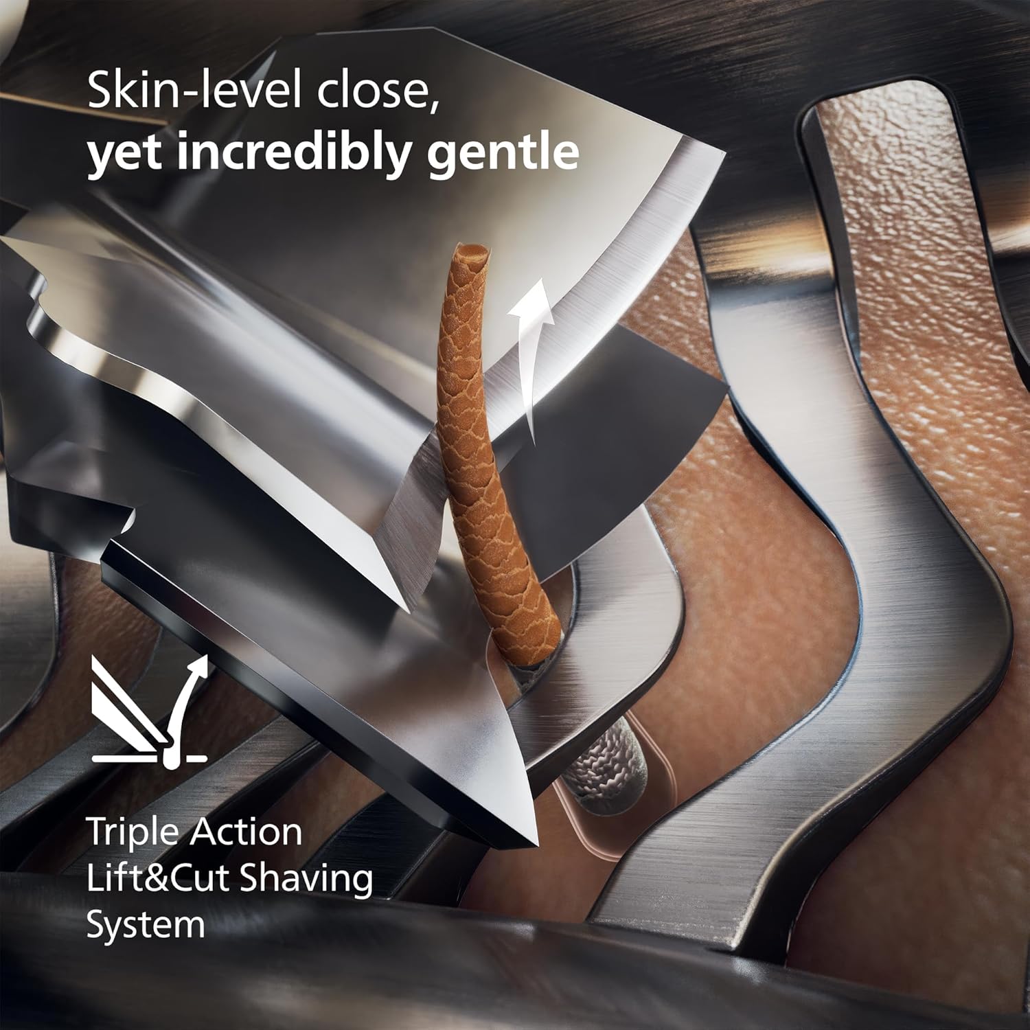 Highlights the product's unique shaving technology that provides a close yet gentle shave.