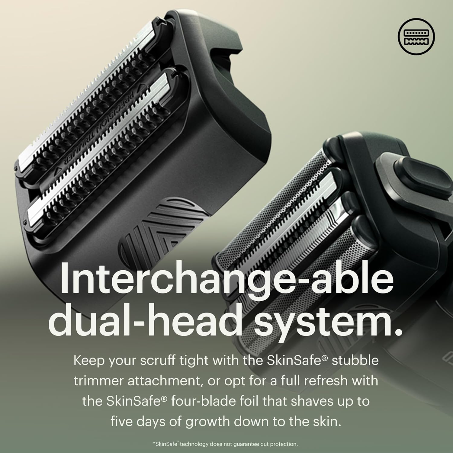 Showcases the product's dual-head system, highlighting its versatility for both stubble trimming and close shaving.
