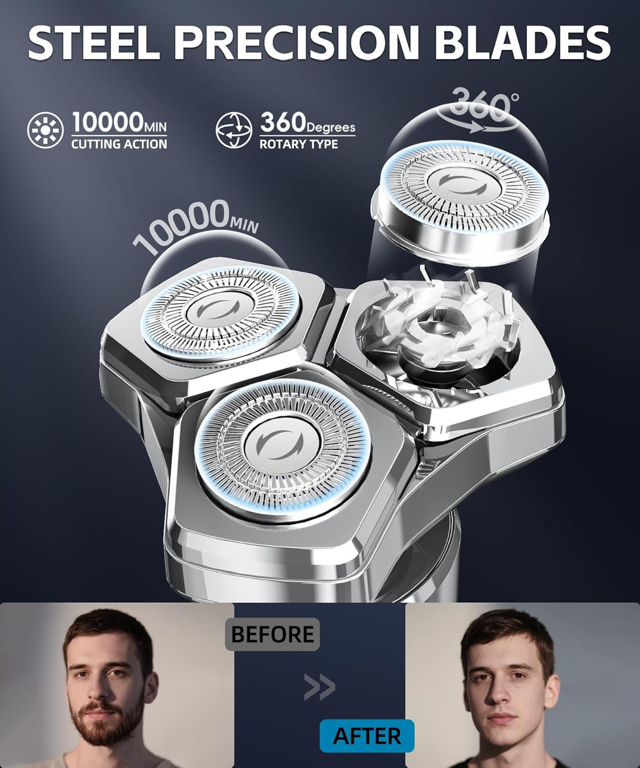 Highlights multiple technical features of the shaver blades to demonstrate superior performance and precision. Shows the effectiveness of the shaver by comparing beard growth before and after use.