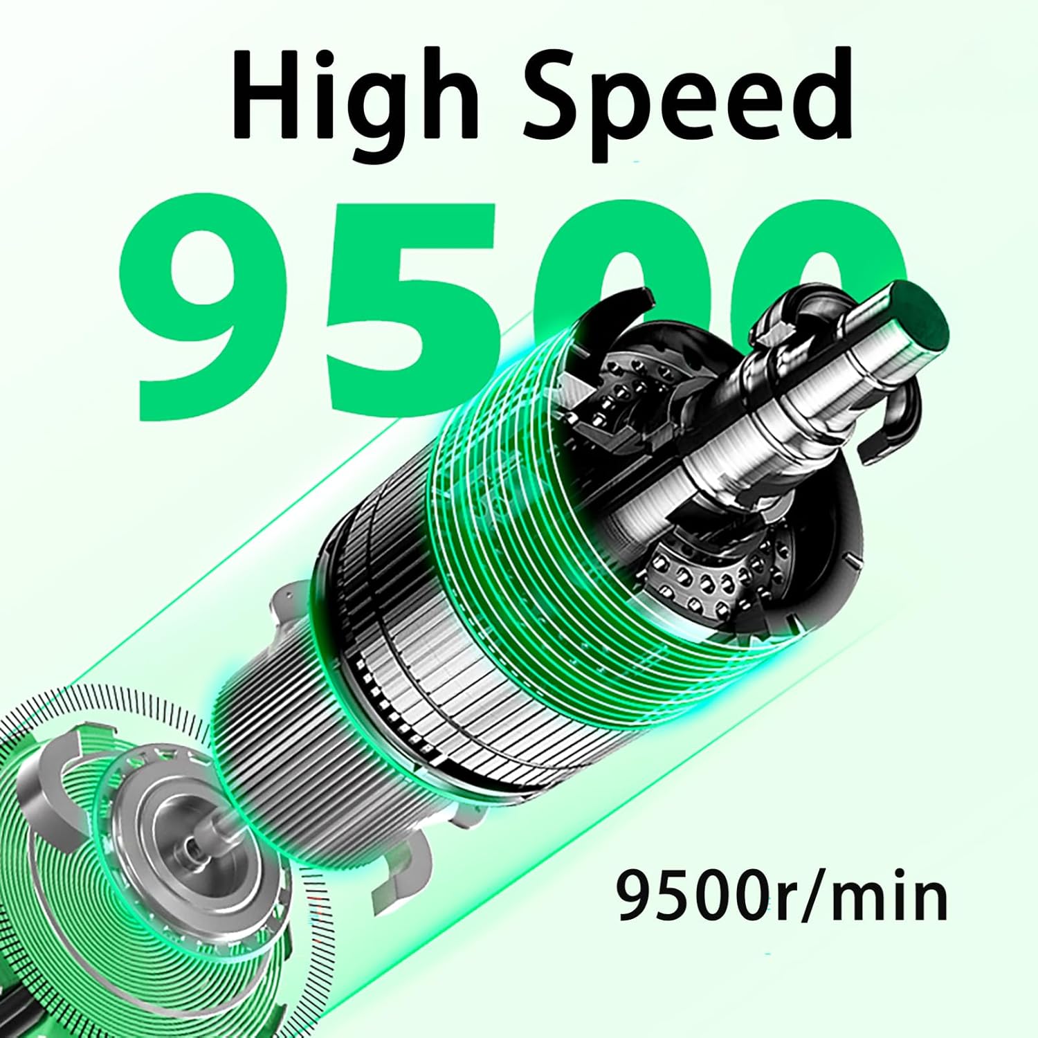 Highlights the product's powerful 9500 RPM motor speed to demonstrate its superior performance and efficiency.