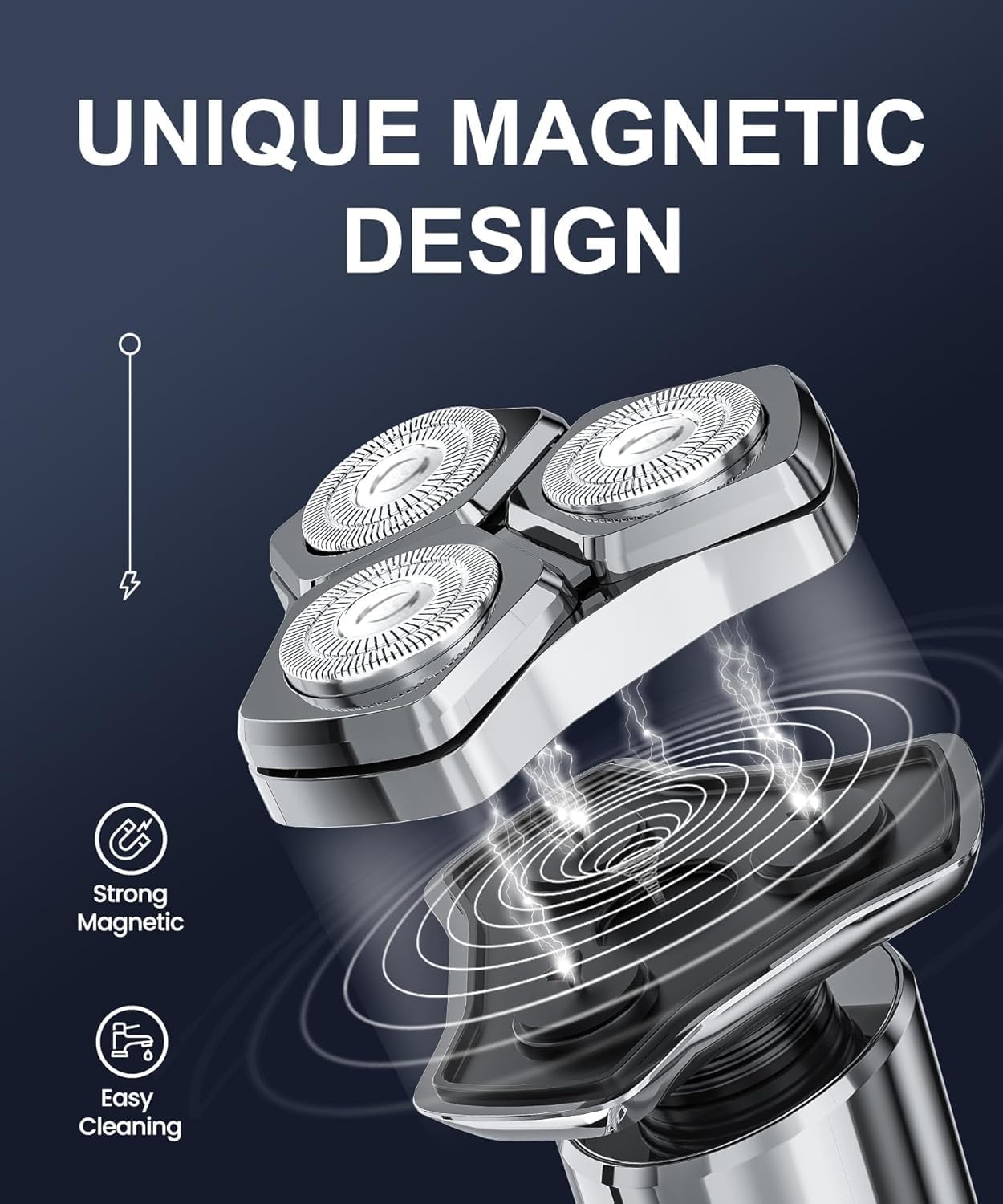 Highlights the unique magnetic design of the shaver, emphasizing its strong magnetic properties and easy cleaning feature.