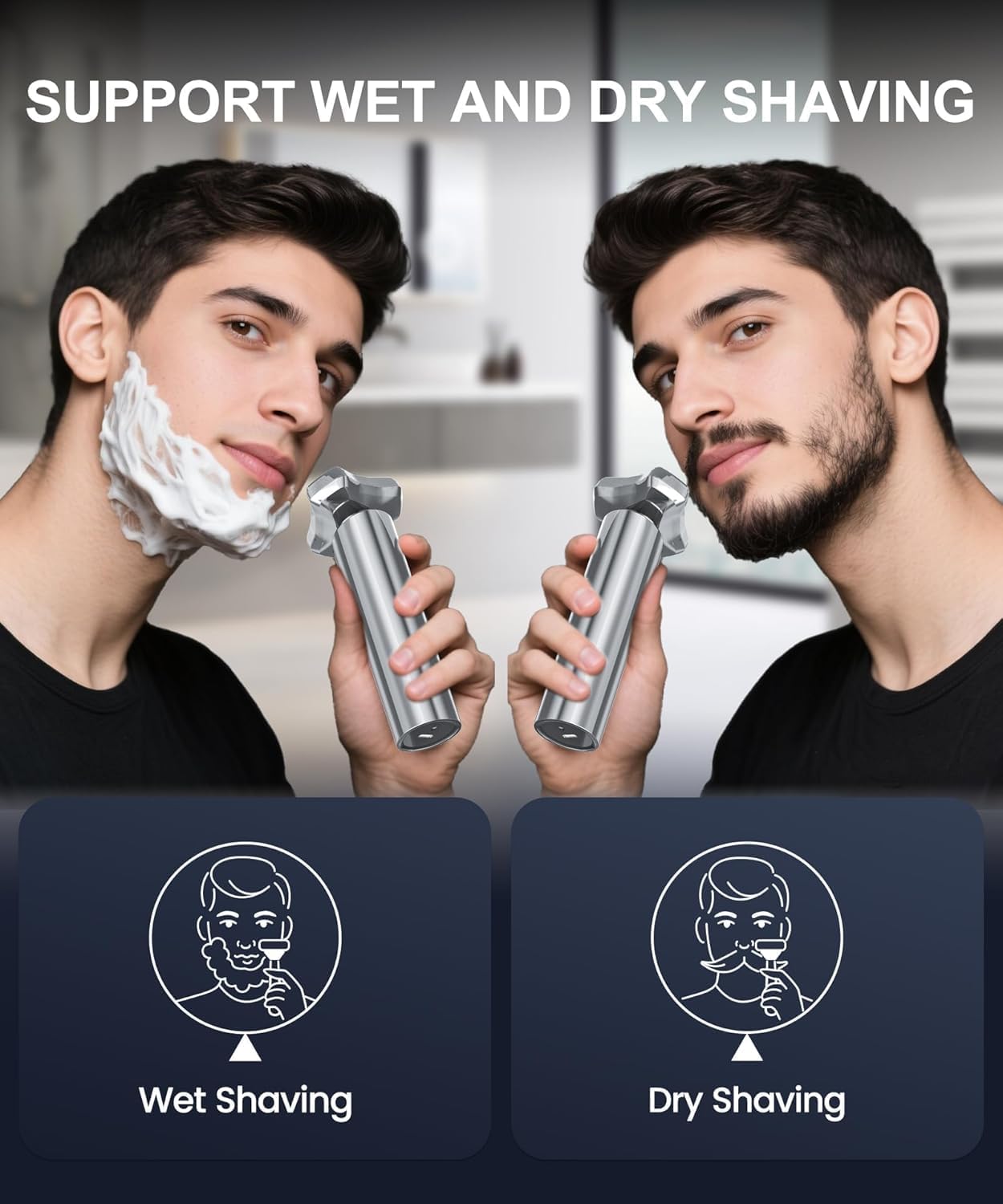 Demonstrates that the electric shaver can be used for both wet and dry shaving, providing versatility to the user.