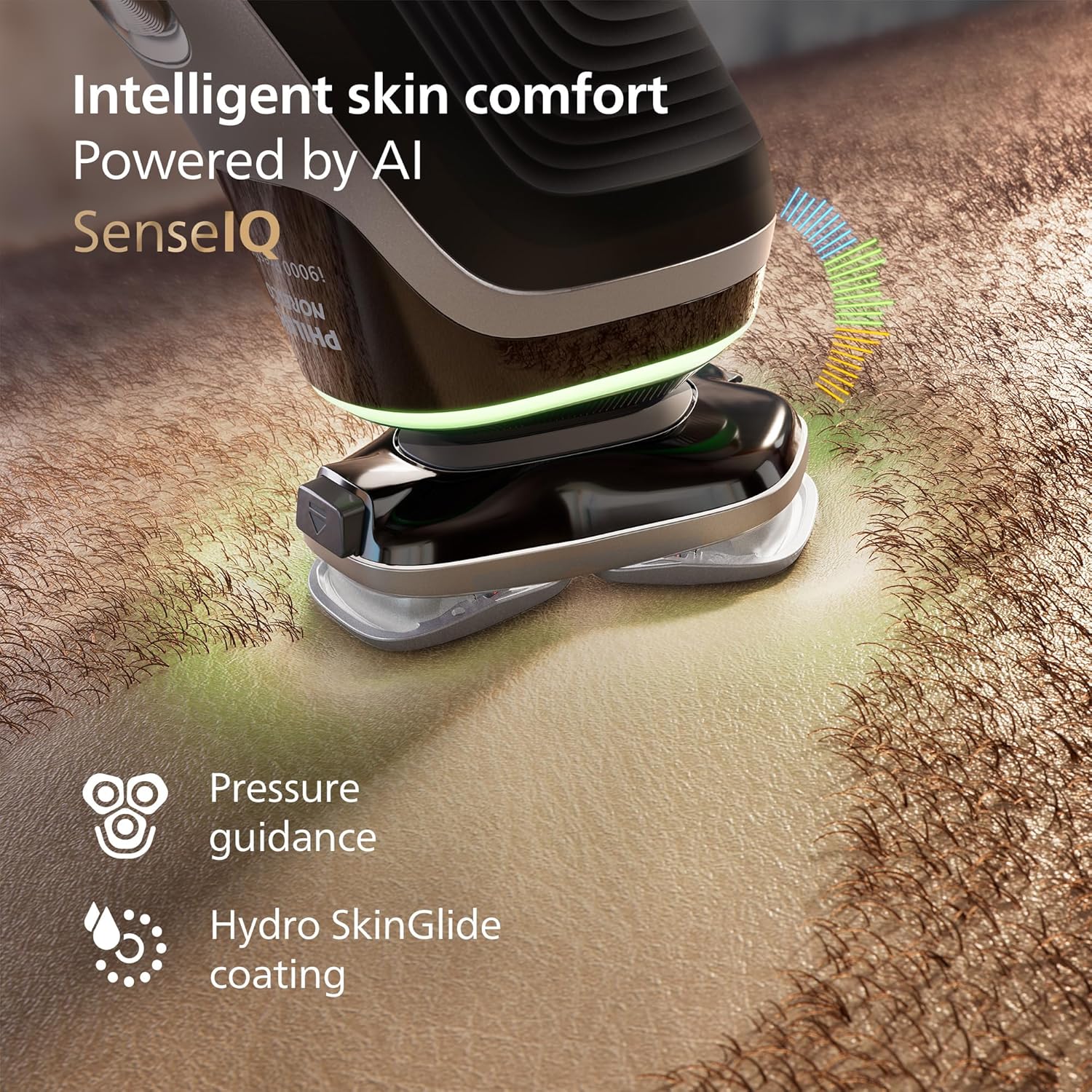 Highlights the product's intelligent skin comfort feature powered by AI, emphasizing its ability to provide a comfortable shaving experience.