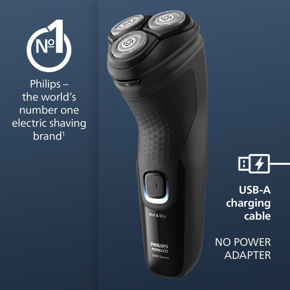 Highlights Philips as the top electric shaving brand and showcases the USB charging feature to emphasize convenience and modern design.