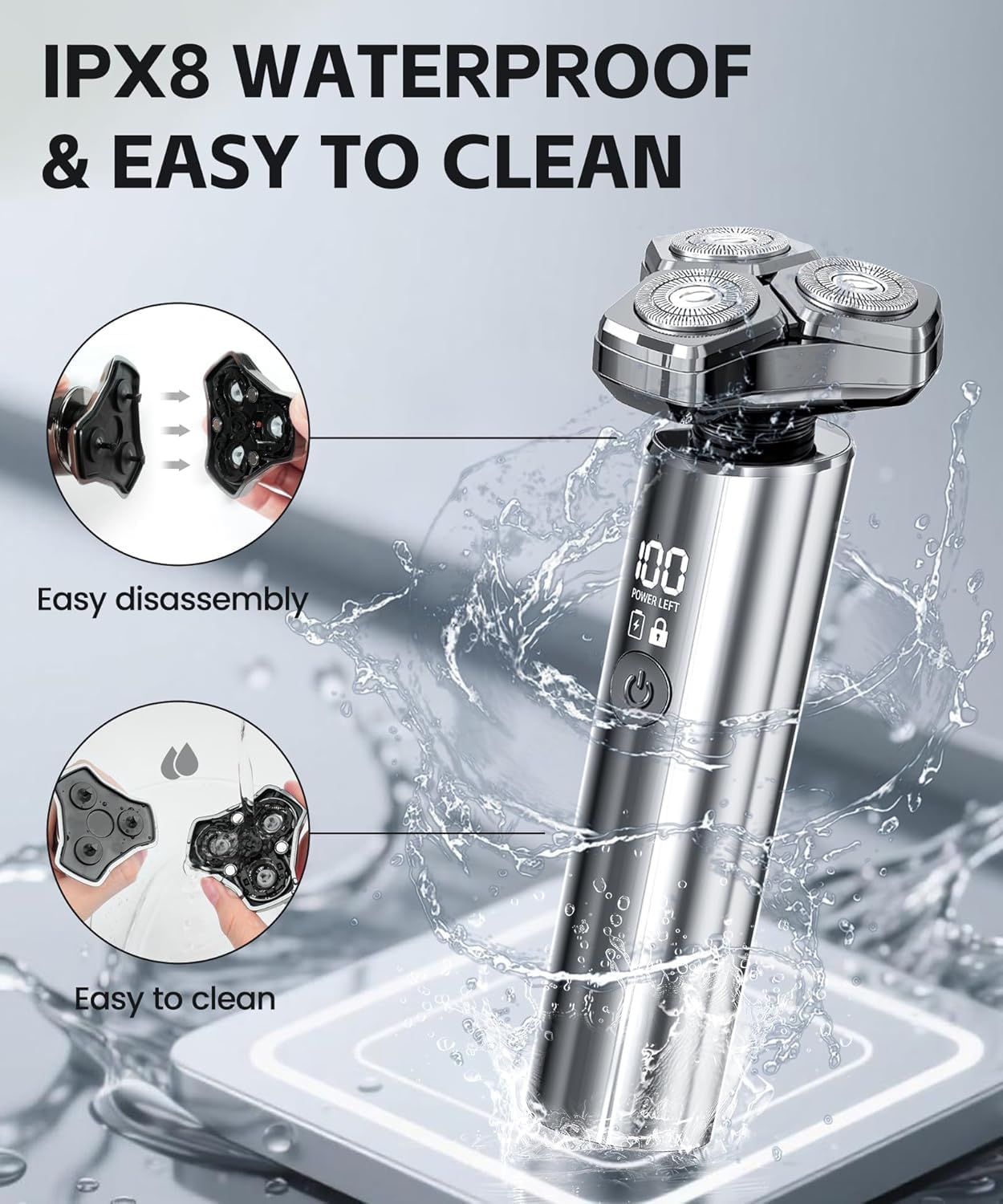 Highlights the product's IPX8 waterproof rating and easy cleaning feature to reassure customers about its durability and maintenance.