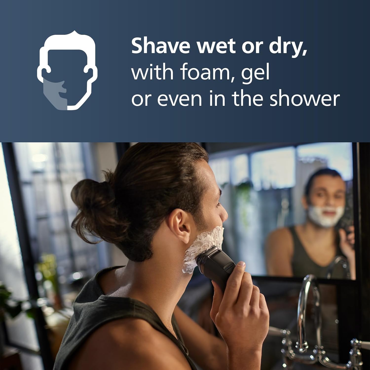 Demonstrates the product's versatility in different shaving scenarios, highlighting its convenience for various user preferences.