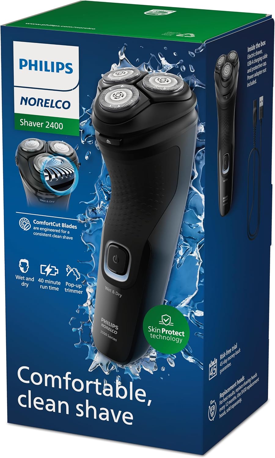 Highlights multiple key features of the electric shaver to demonstrate its versatility and effectiveness for comfortable, clean shaving.