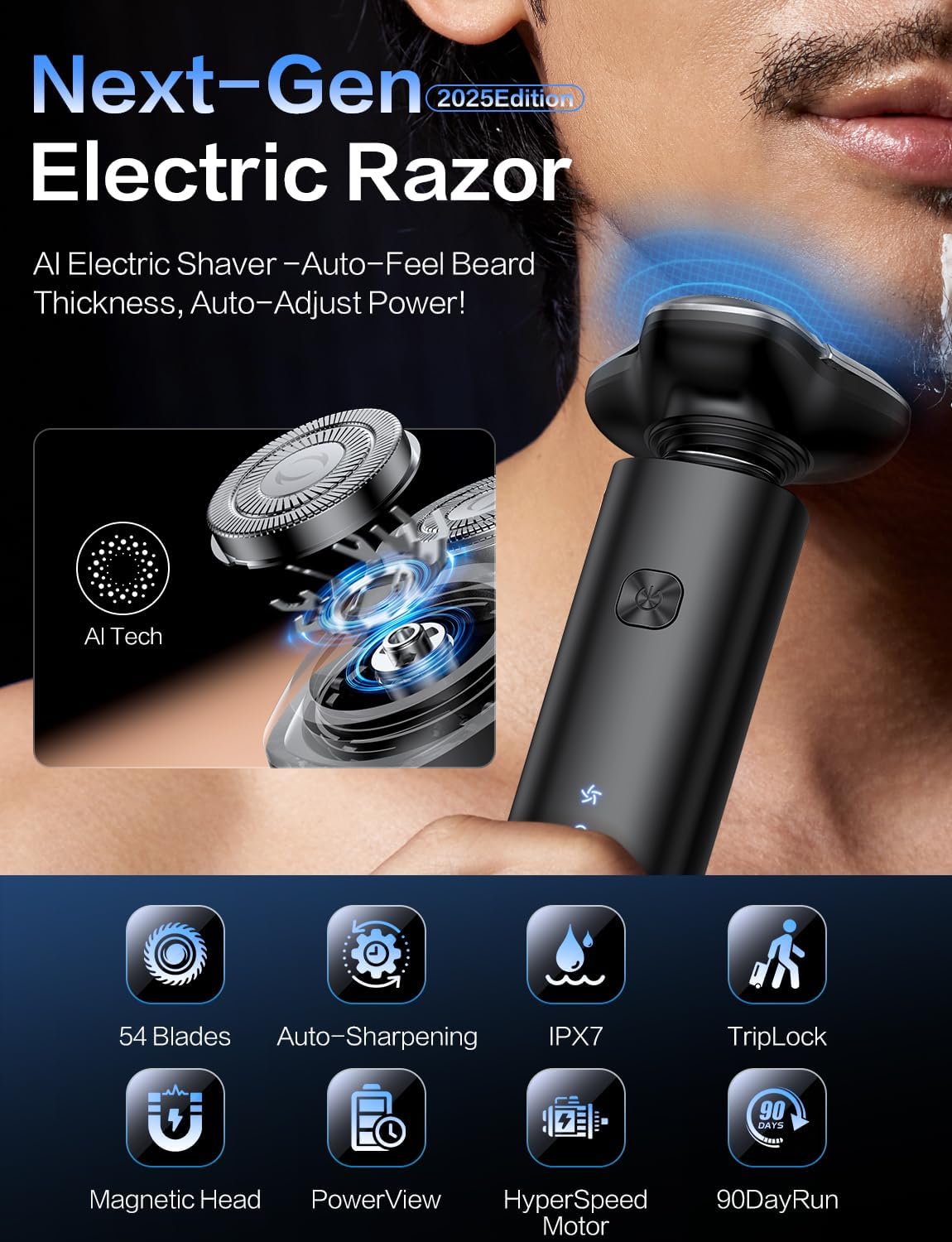 Showcases multiple advanced features of the electric razor to demonstrate its technological superiority and convenience for users