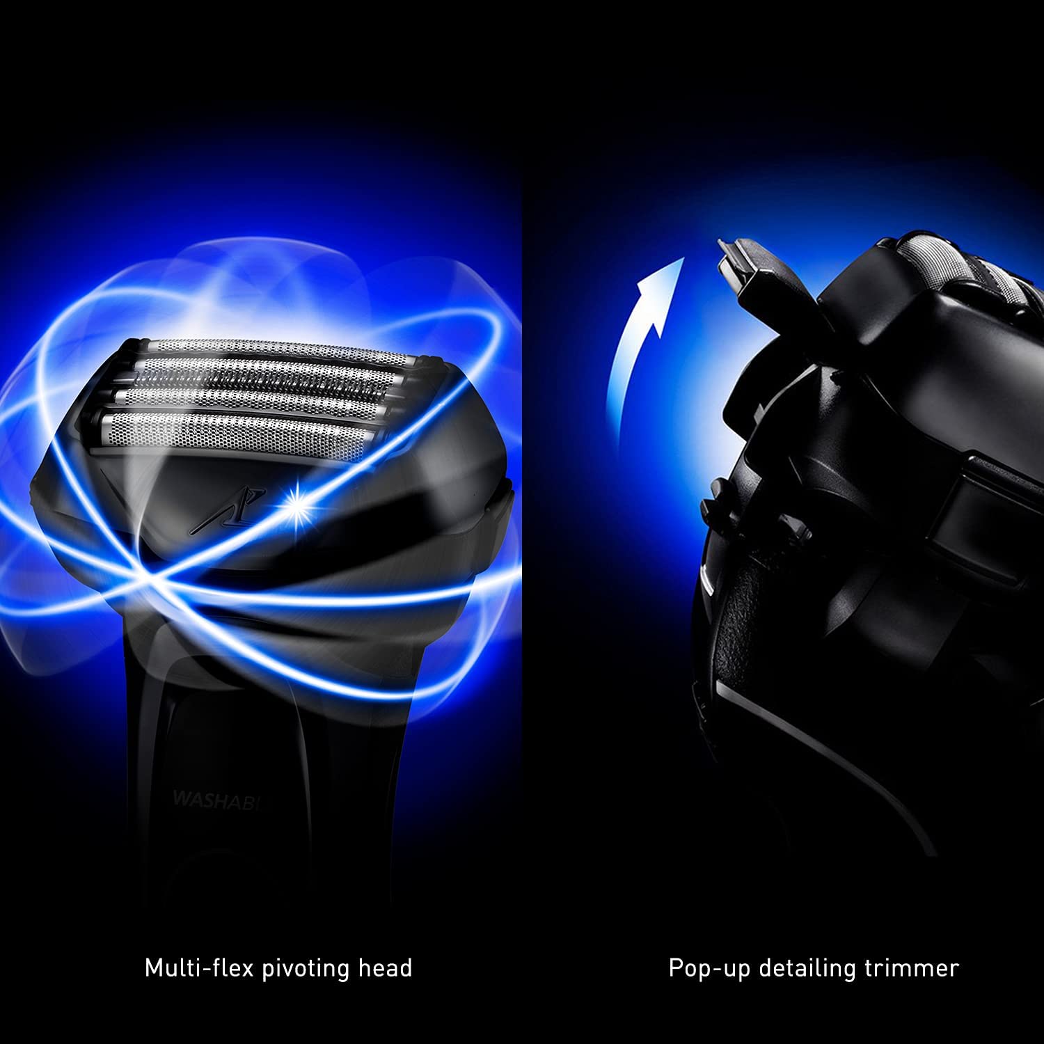 Highlights two key features of the electric shaver to demonstrate its versatility and precision in grooming.