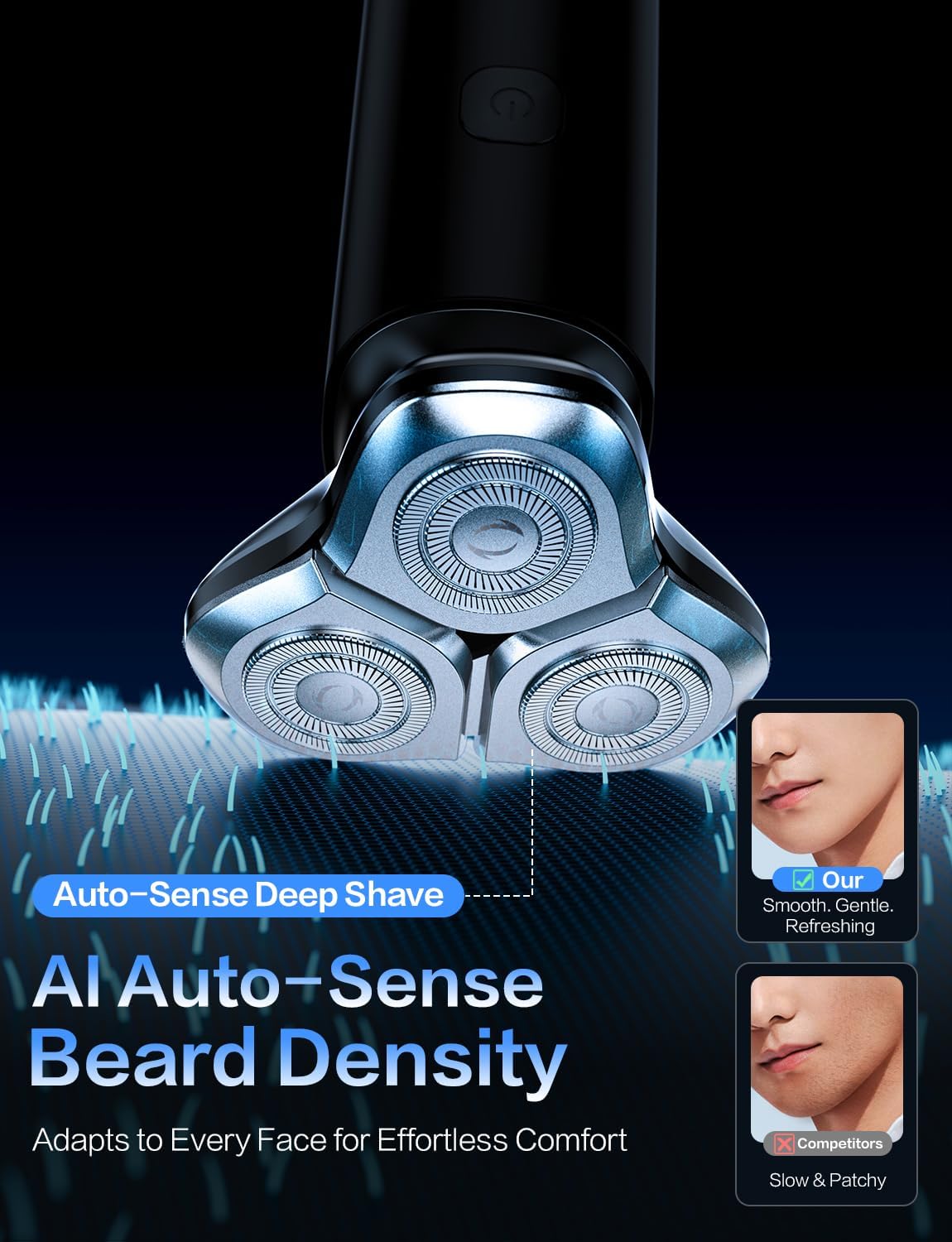 Highlights the product's ability to automatically adapt to different beard densities for a smoother, more comfortable shave.