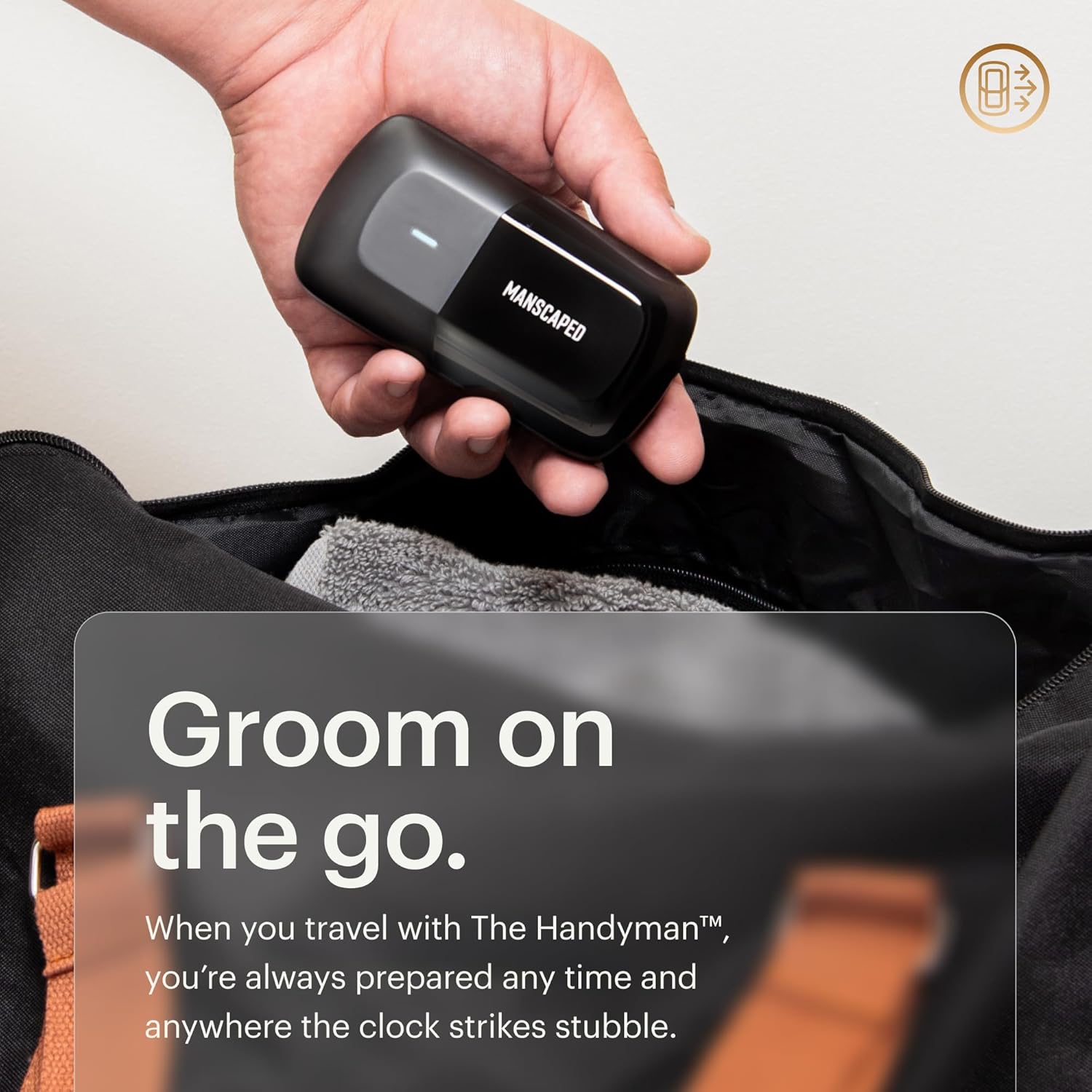 Demonstrates the product's portability and convenience for grooming while traveling. Highlights the product's small size and ease of packing for travel use.