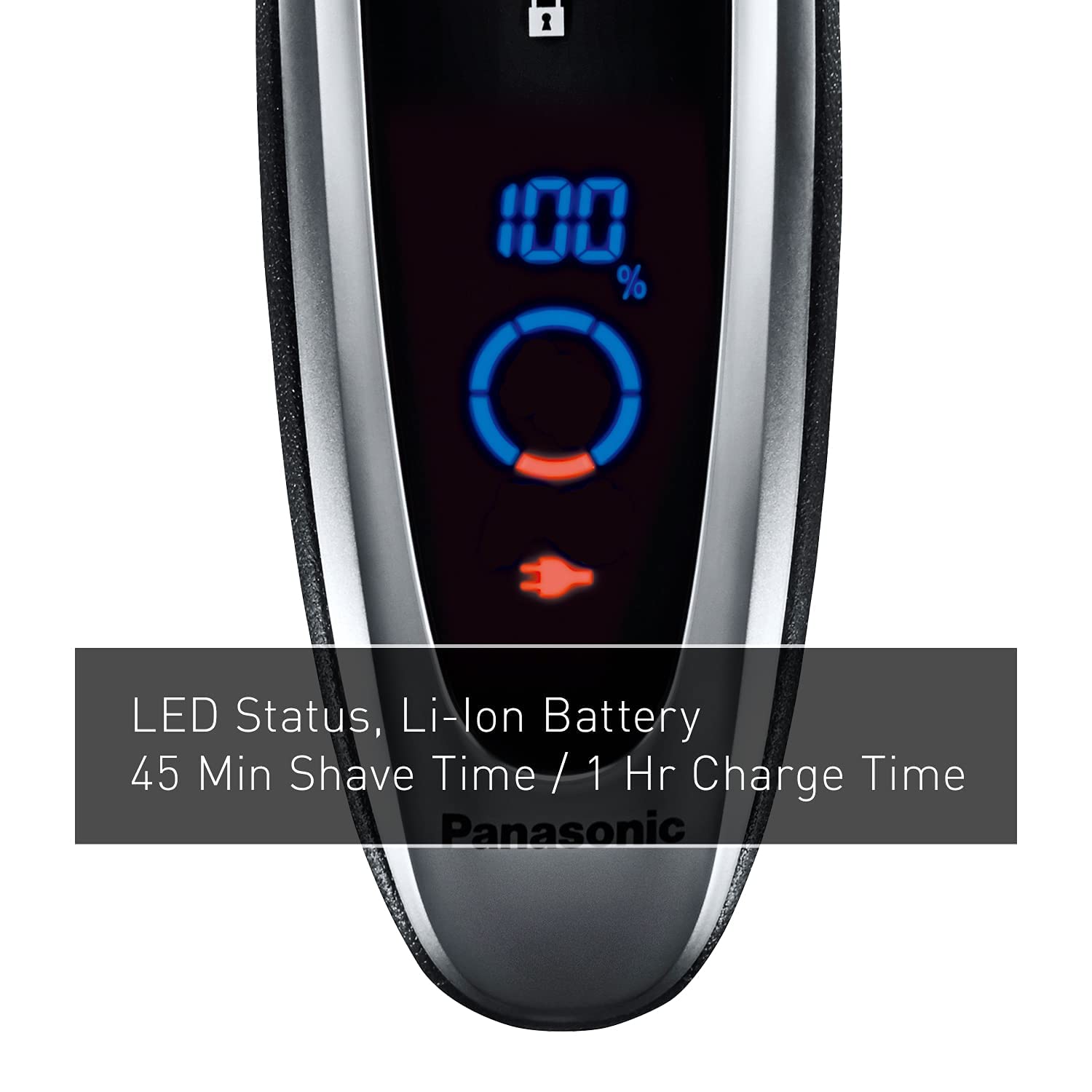 Highlights the product's battery performance, showing 45 minutes of shave time on a 1-hour charge to emphasize convenience and efficiency.