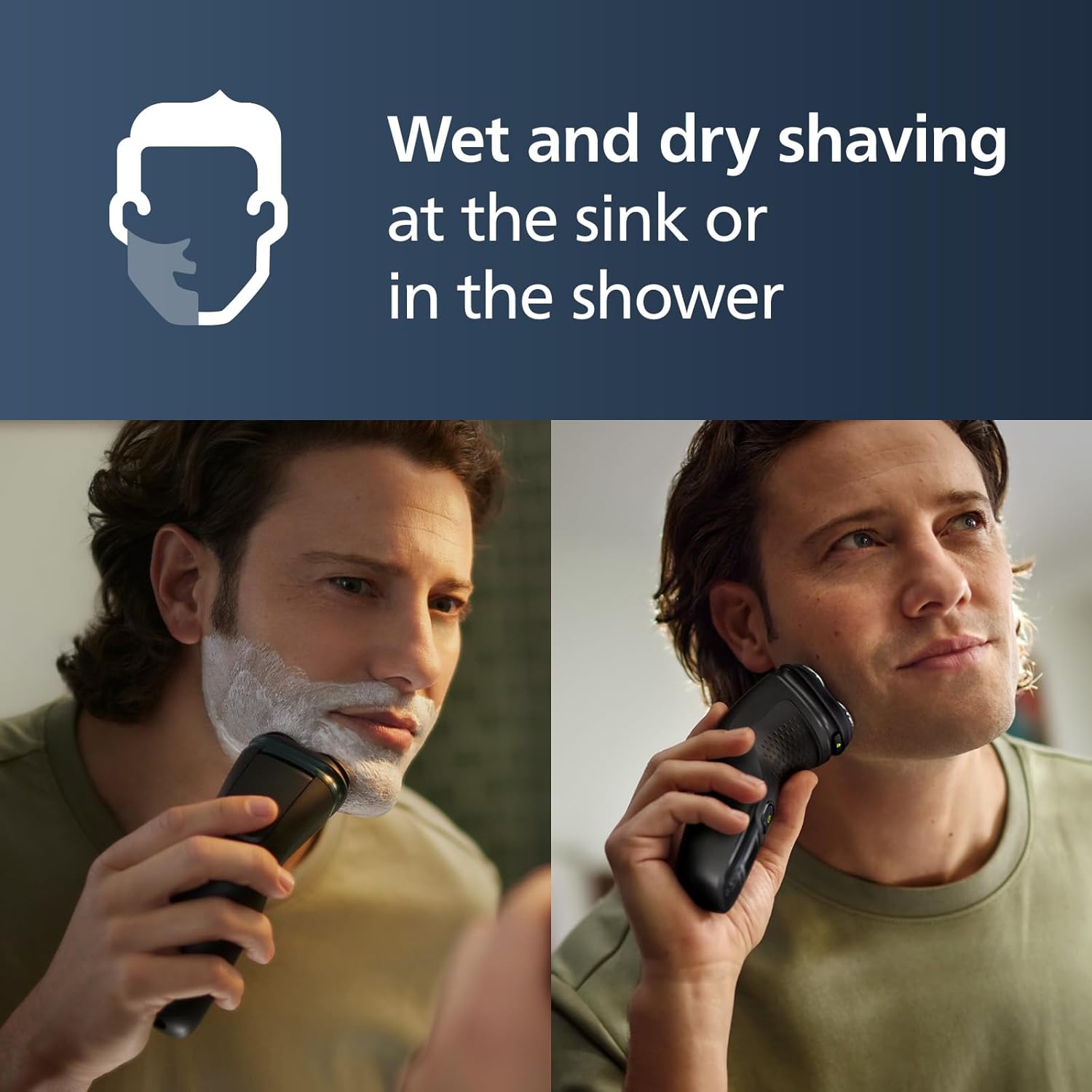 Demonstrates the versatility of the shaver for both wet and dry shaving, showing it can be used at the sink or in the shower.