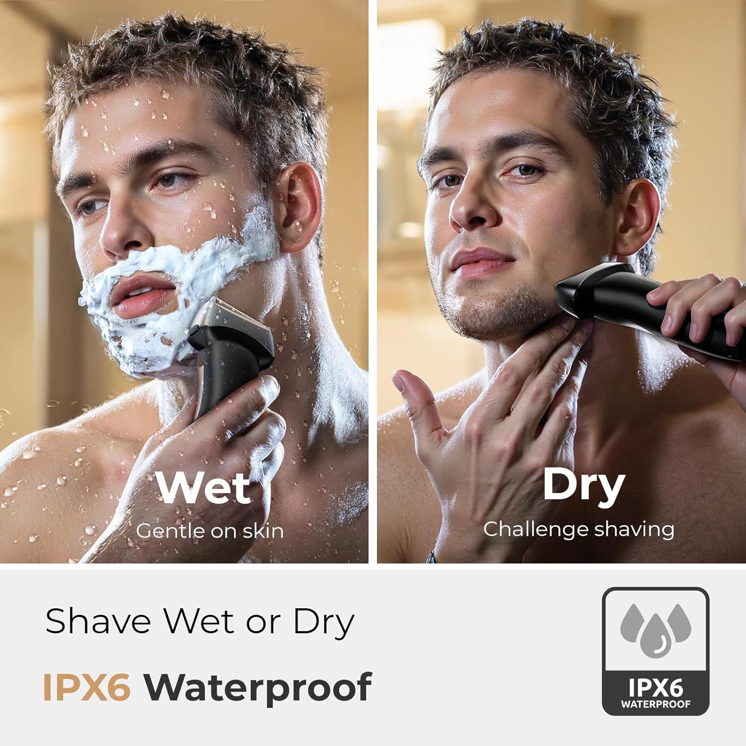 Demonstrates the product's versatility in both wet and dry shaving conditions, highlighting its waterproof capability. Reassures customers about the product's waterproof rating, indicating it's safe…
