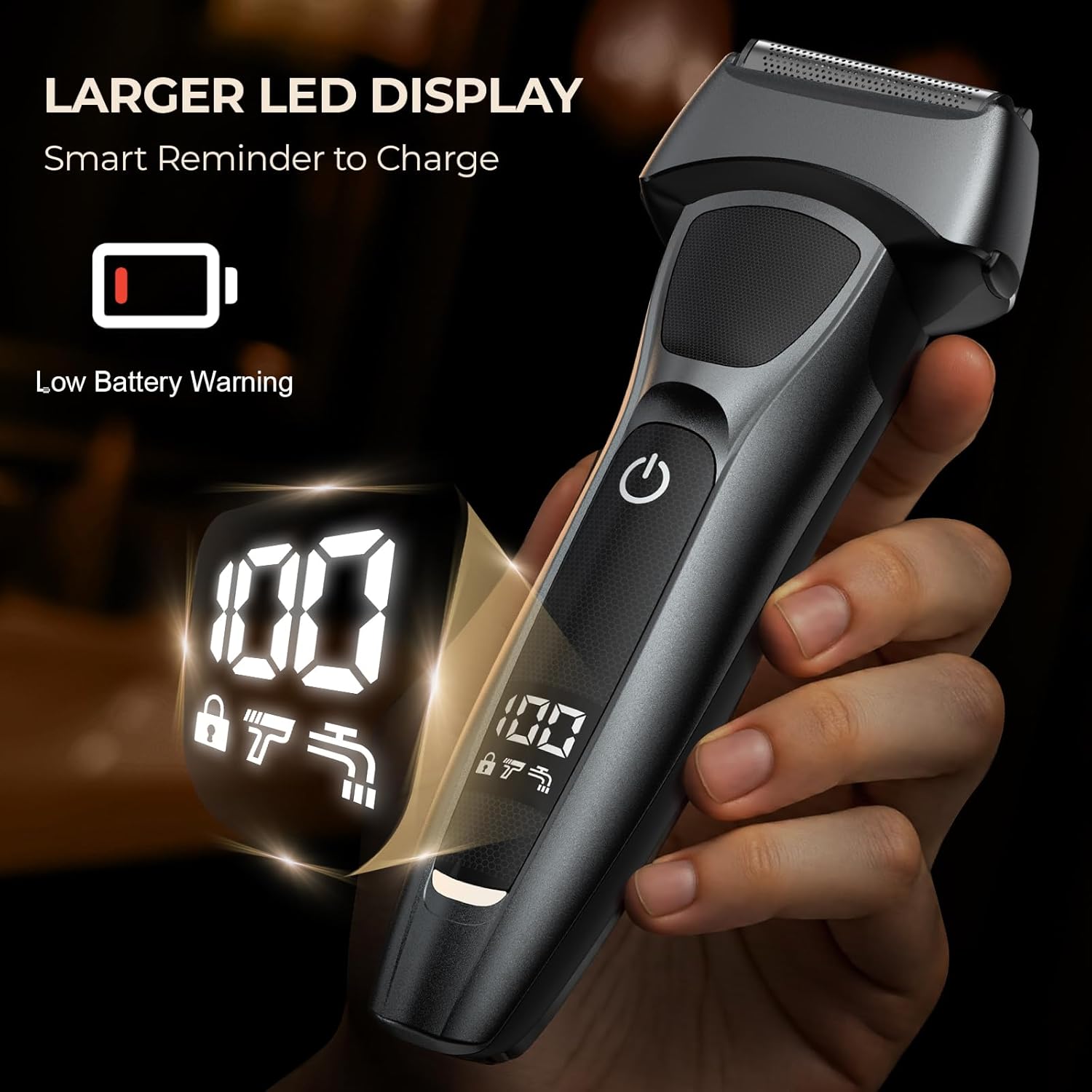 Highlights the product's larger LED display feature, emphasizing its smart reminder function for charging and low battery warning