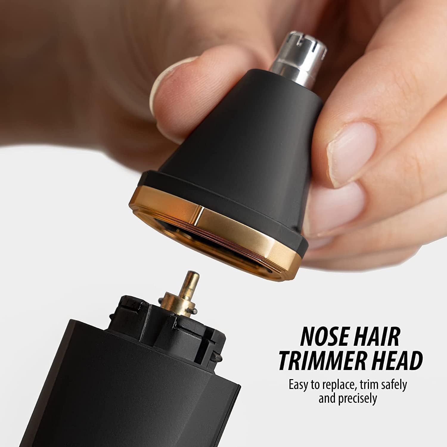 Demonstrates how to easily replace the nose hair trimmer head, emphasizing the product's user-friendly design and precision.