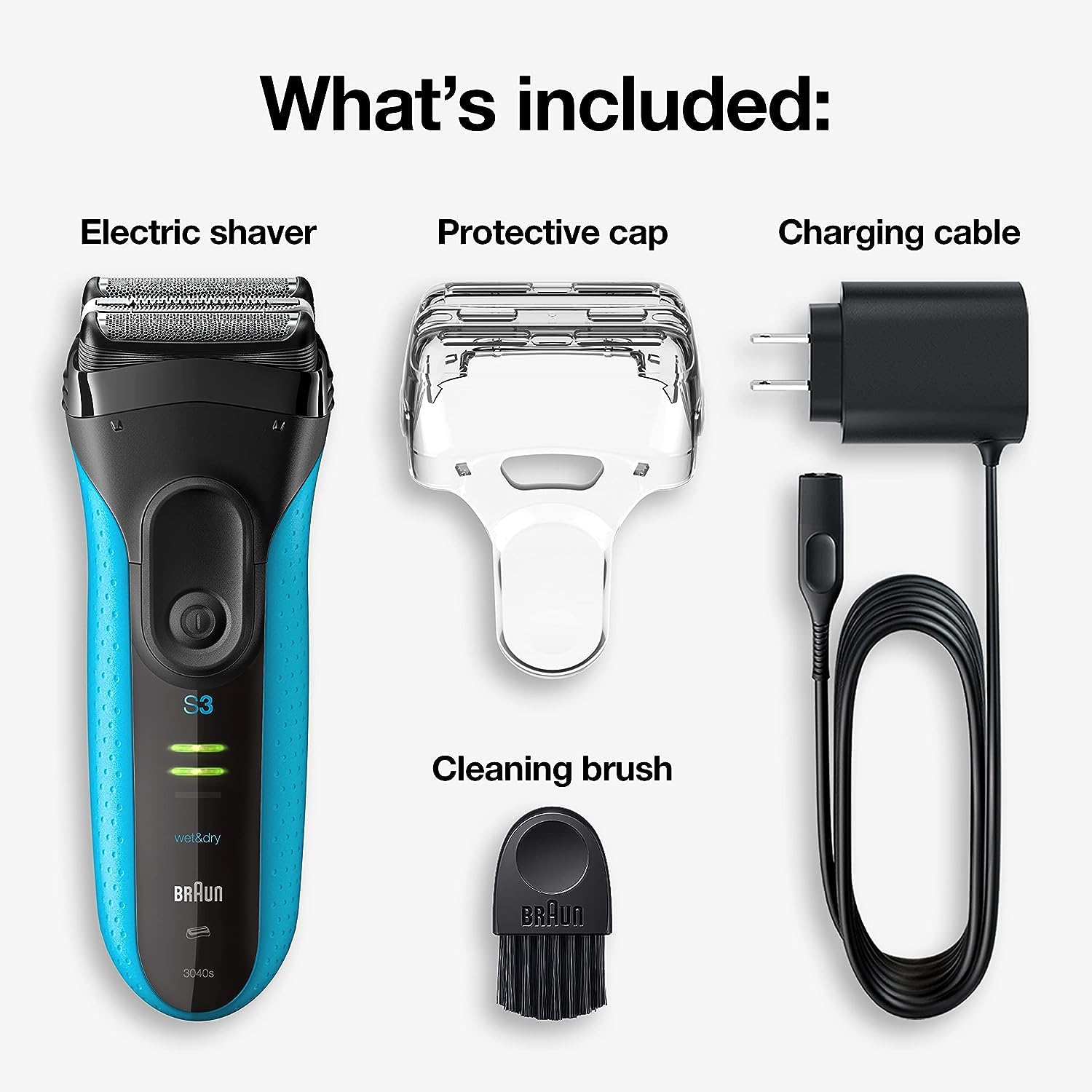 Shows all items included with the electric shaver purchase, reassuring customers of the complete package they will receive.