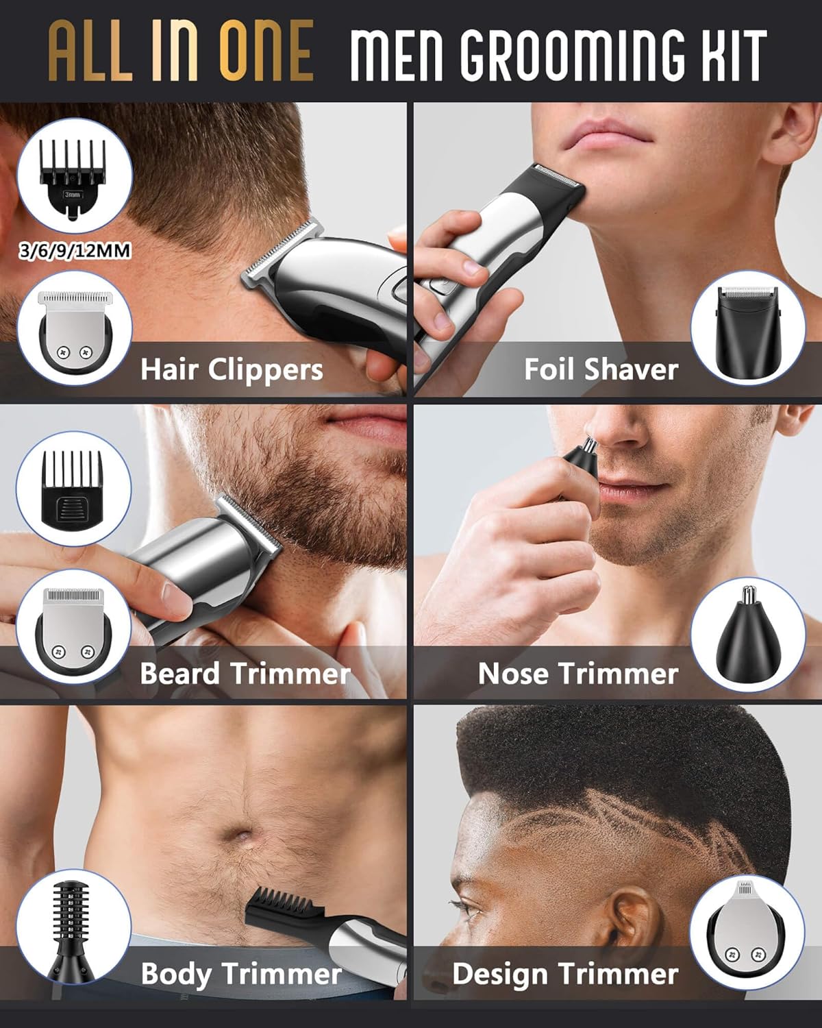 Showcases the versatility of the grooming kit by highlighting its various attachments and uses for different grooming needs.