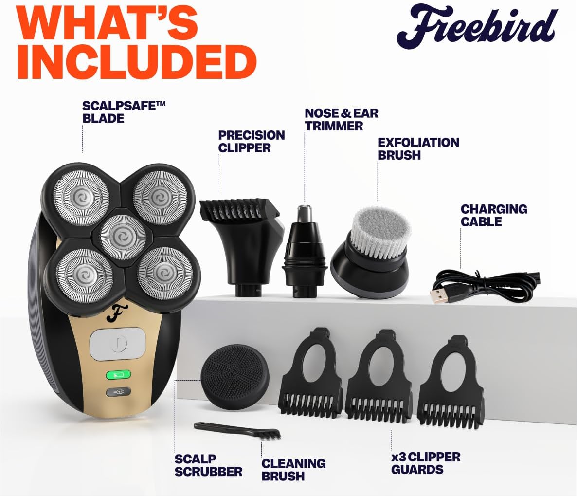 Shows all the components included in the Freebird grooming kit, highlighting the versatility and value of the product.