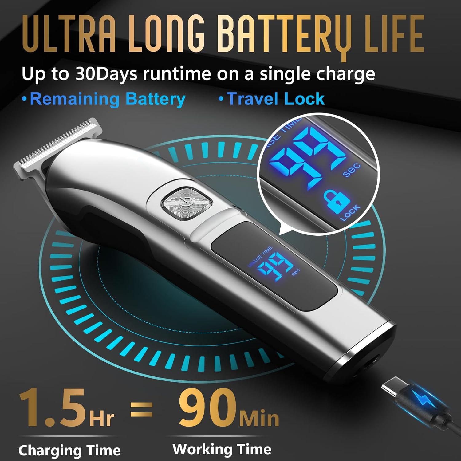 Highlights the product's exceptional battery life, emphasizing its ability to run for up to 30 days on a single charge. Provides specific metrics about the product's battery performance, including…