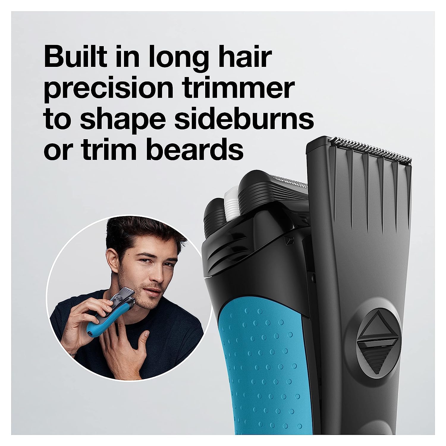 Highlights the product's built-in precision trimmer for shaping sideburns and trimming beards, emphasizing its versatility for detailed grooming.