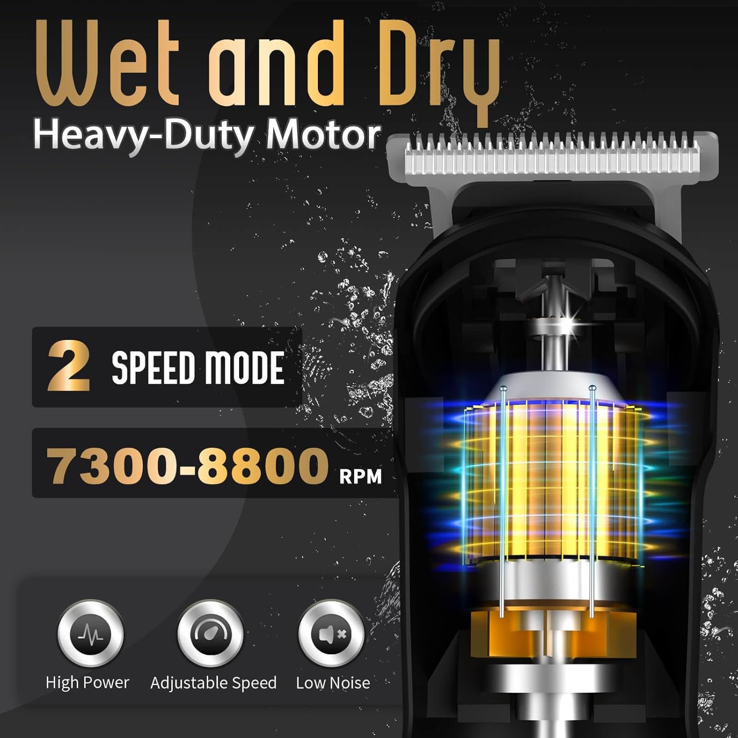 Highlights multiple key features of the product, emphasizing its versatility for wet and dry use, powerful motor, and adjustable settings to appeal to users looking for a high-performance grooming…