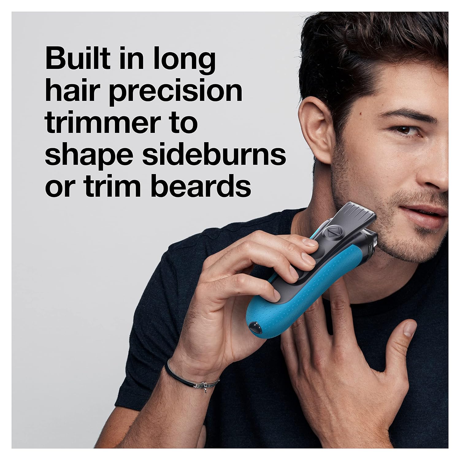 Highlights the product's built-in precision trimmer for shaping sideburns and trimming beards, emphasizing its versatility for detailed grooming tasks.
