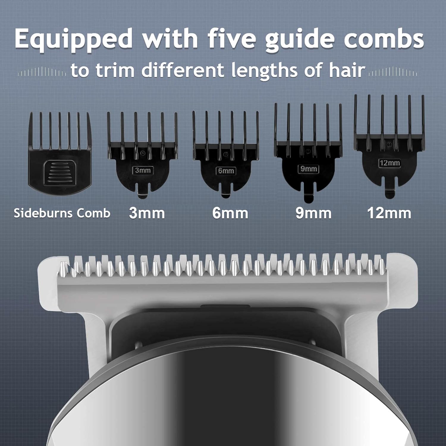 Showcases the different guide comb attachments and trimmer blade to demonstrate the product's versatility in trimming various hair lengths.