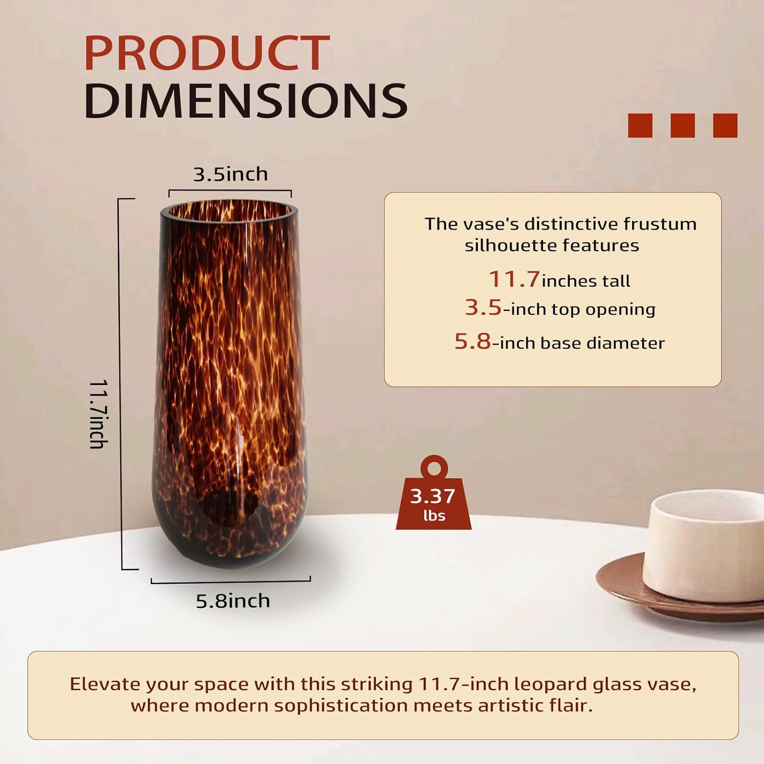 Provides exact measurements of the vase to help customers understand its size and proportions. Highlights the unique frustum silhouette of the vase to showcase its artistic and modern appeal.