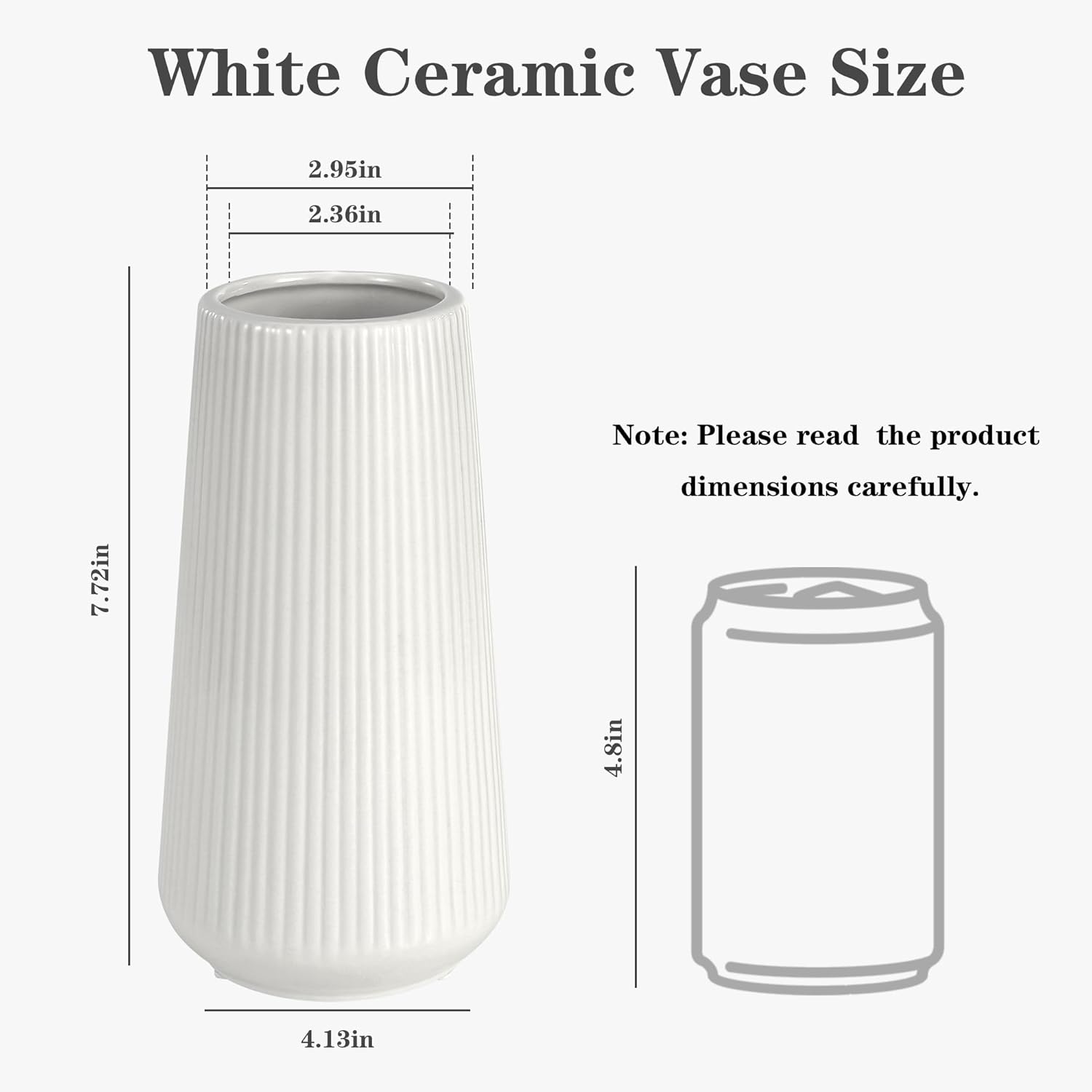 Provides precise measurements of the white ceramic vase to help shoppers understand its size and proportions.