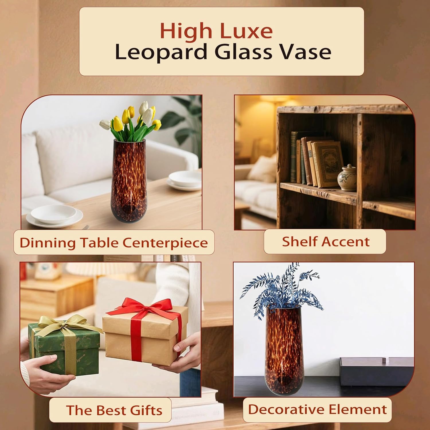 Demonstrates multiple ways to use the leopard glass vase in home decor, showcasing its versatility as a centerpiece, shelf accent, and decorative element.