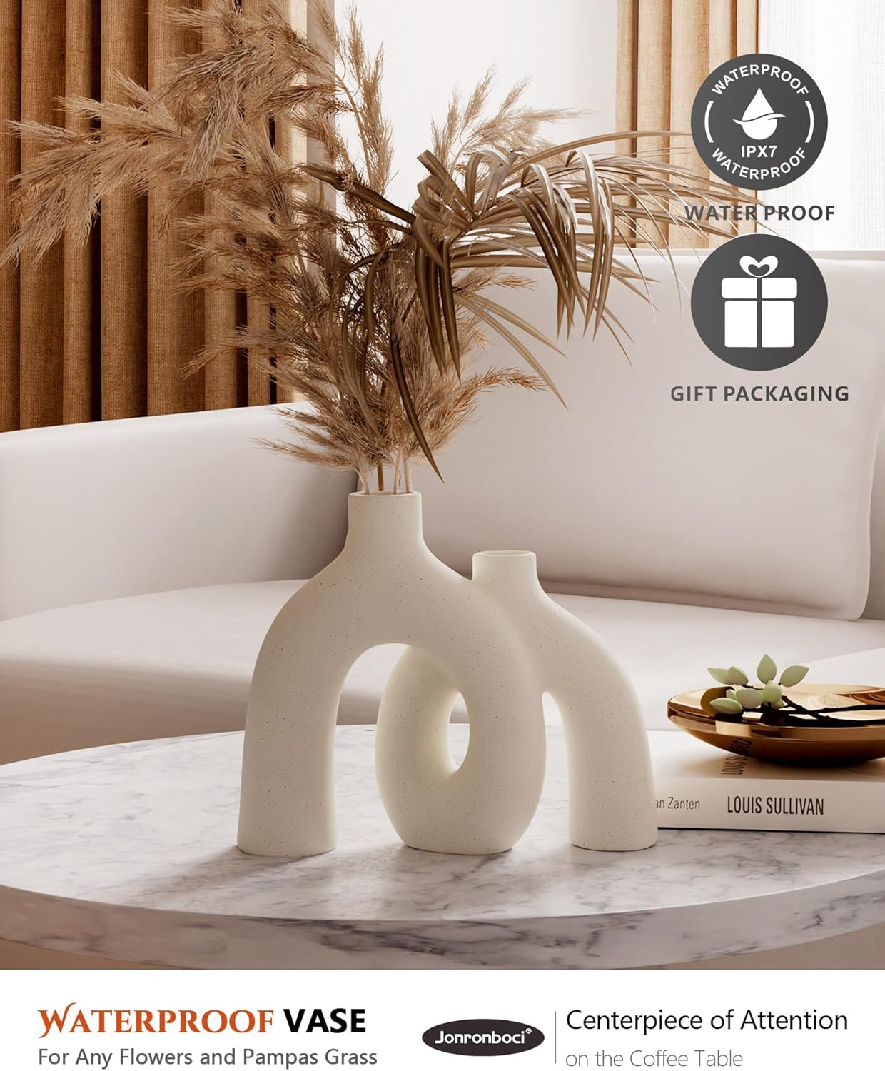 Highlights the vase's waterproof feature to reassure customers about its durability and functionality. Informs customers that the product comes with gift packaging, adding value and convenience for…
