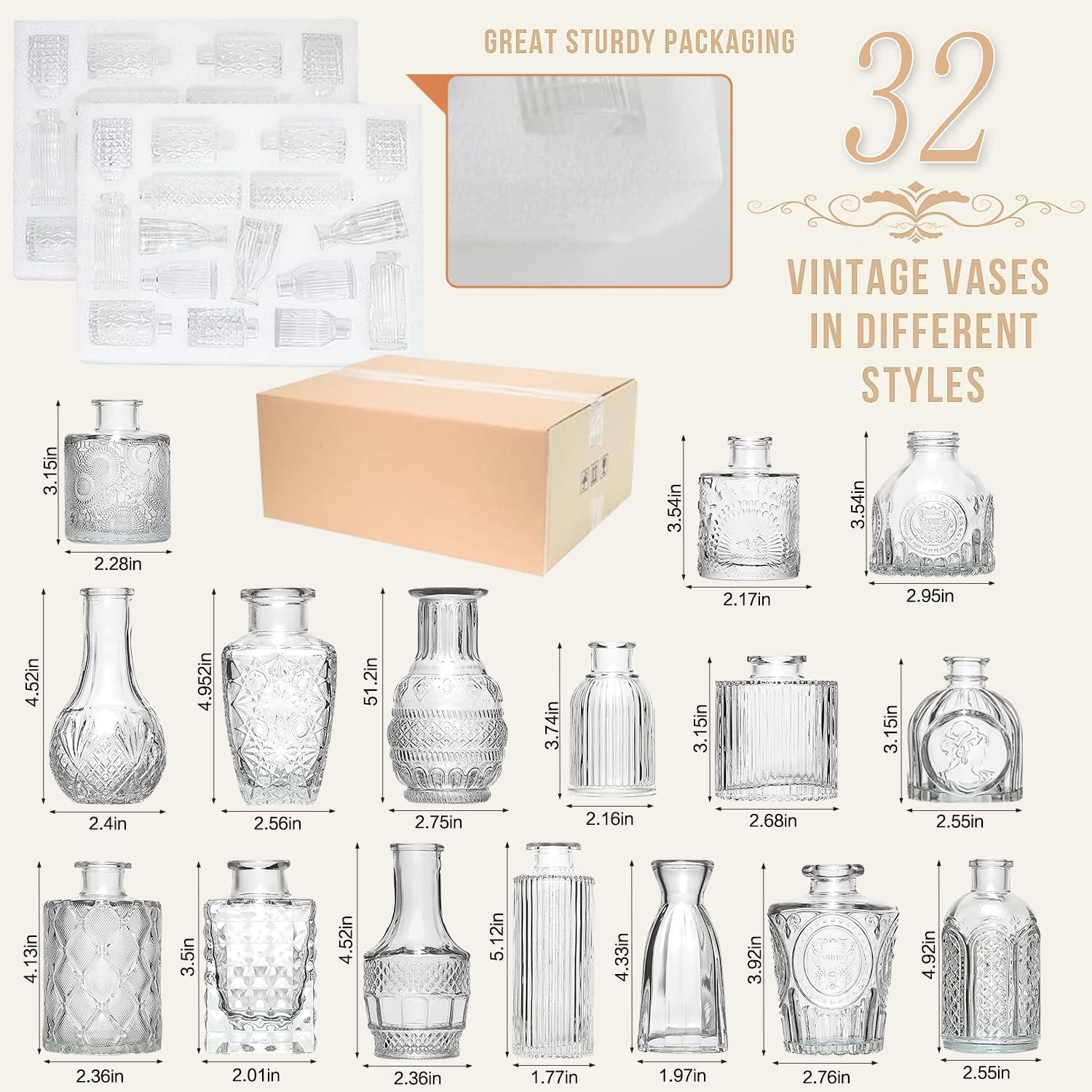 Shows the variety and quantity of vases included in the set, highlighting the different styles and dimensions to appeal to customers looking for diverse decorative options.
