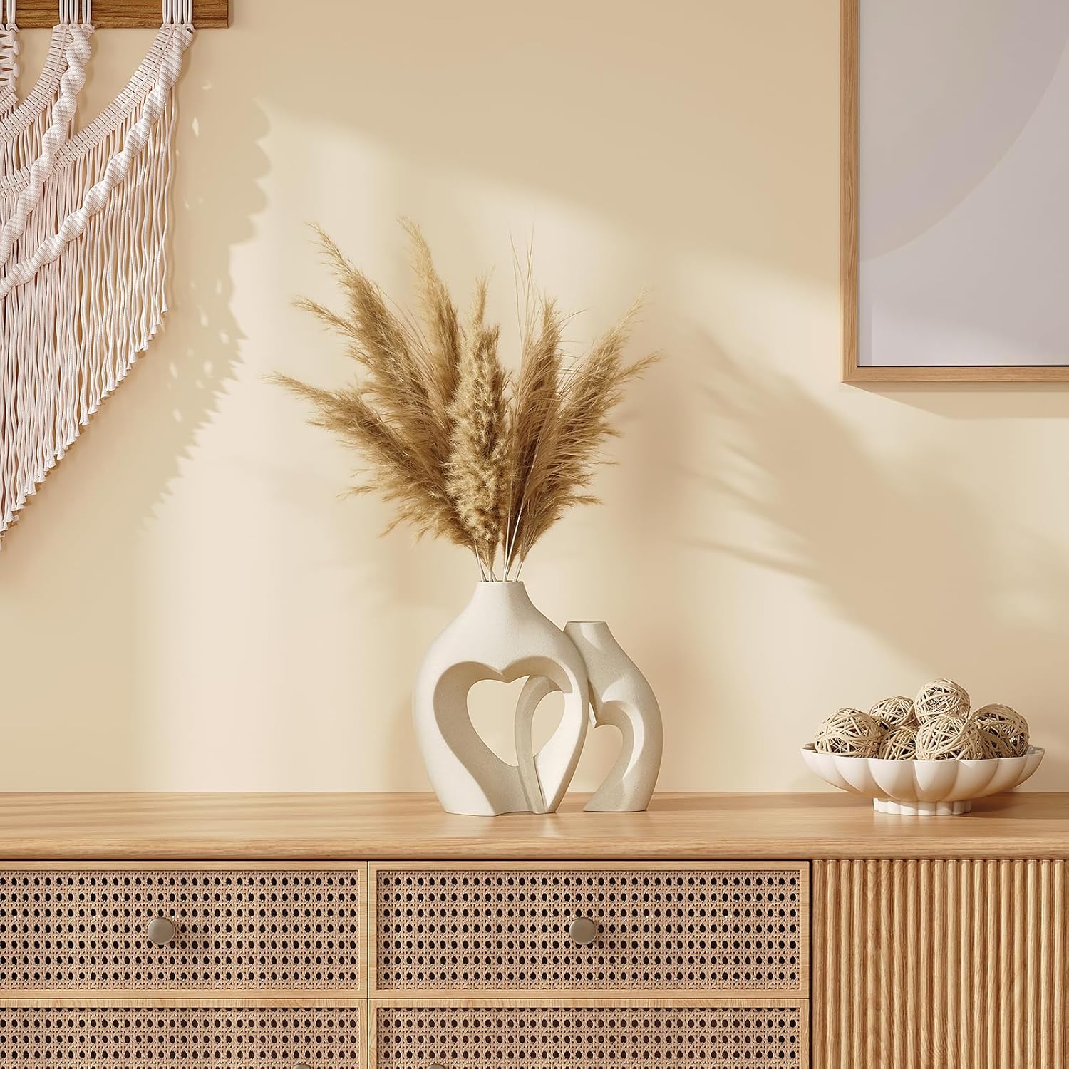 Showcases the product in a stylish, neutral-toned home setting to inspire customers and demonstrate how it fits into a modern, bohemian aesthetic.