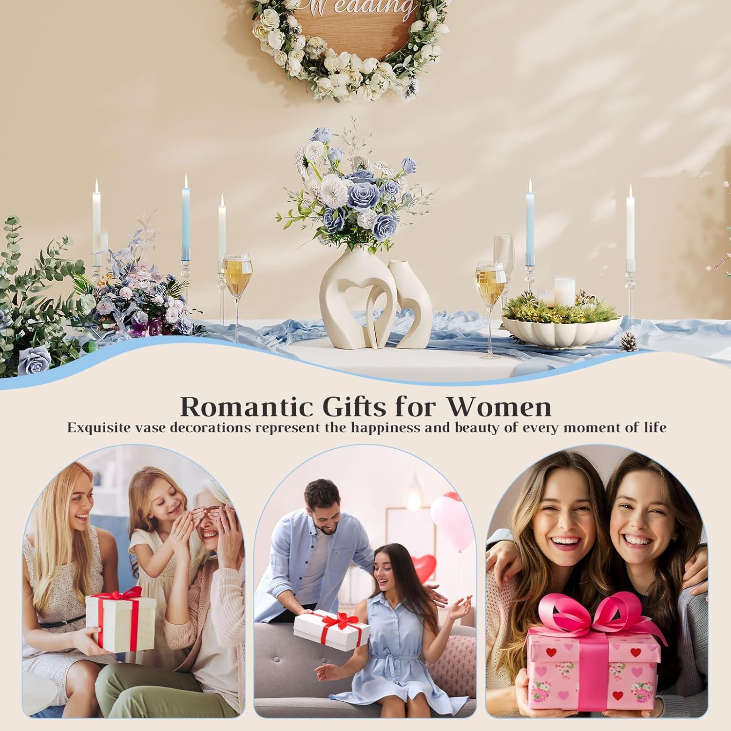 Showcases romantic wedding-themed decor to appeal to customers planning weddings or looking for romantic gifts. Demonstrates various gift-giving scenarios to inspire customers looking for romantic…