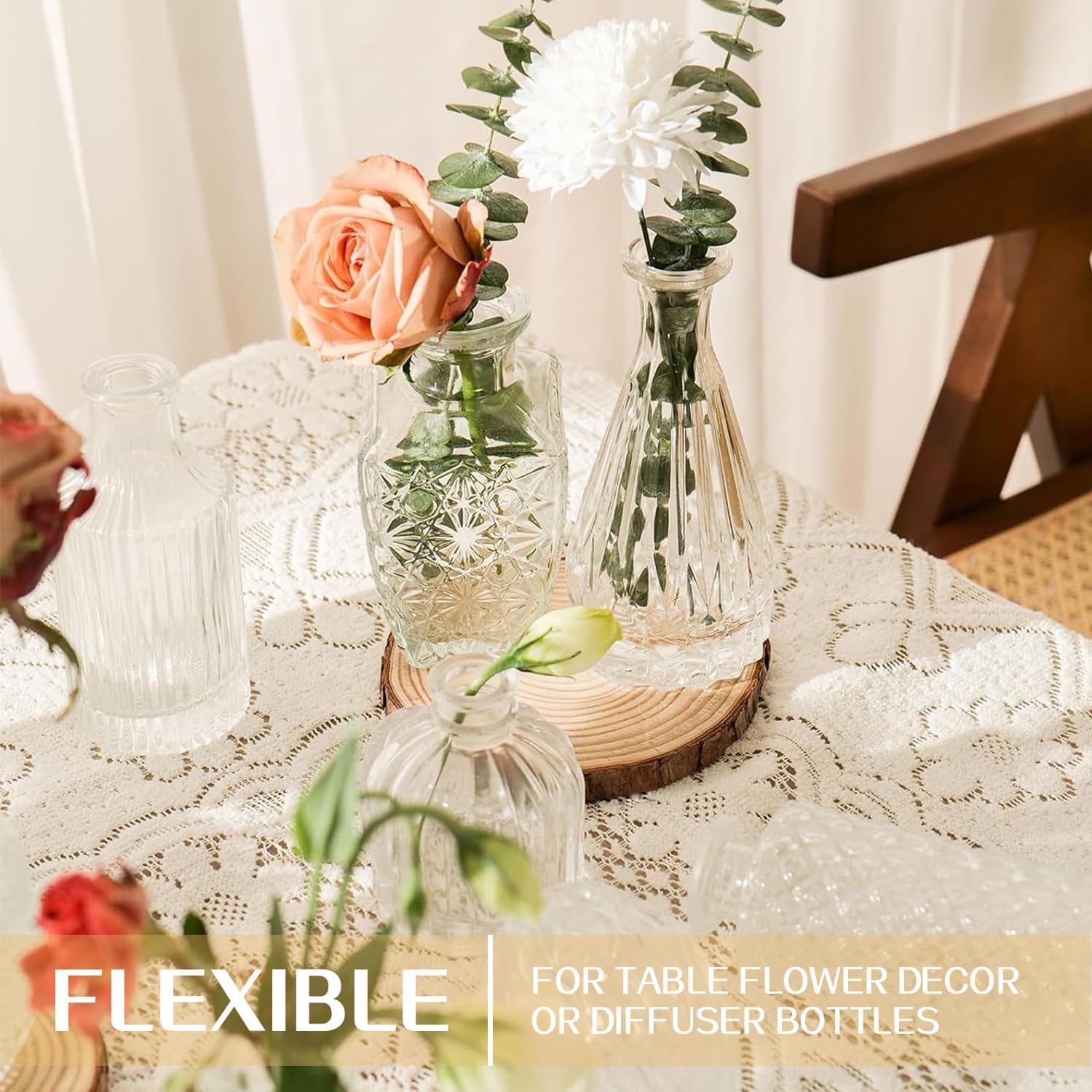 Showcases the product's versatility as both decorative flower vases and potential diffuser bottles in a real-world table setting. Demonstrates multiple ways the product can be used, specifically for…