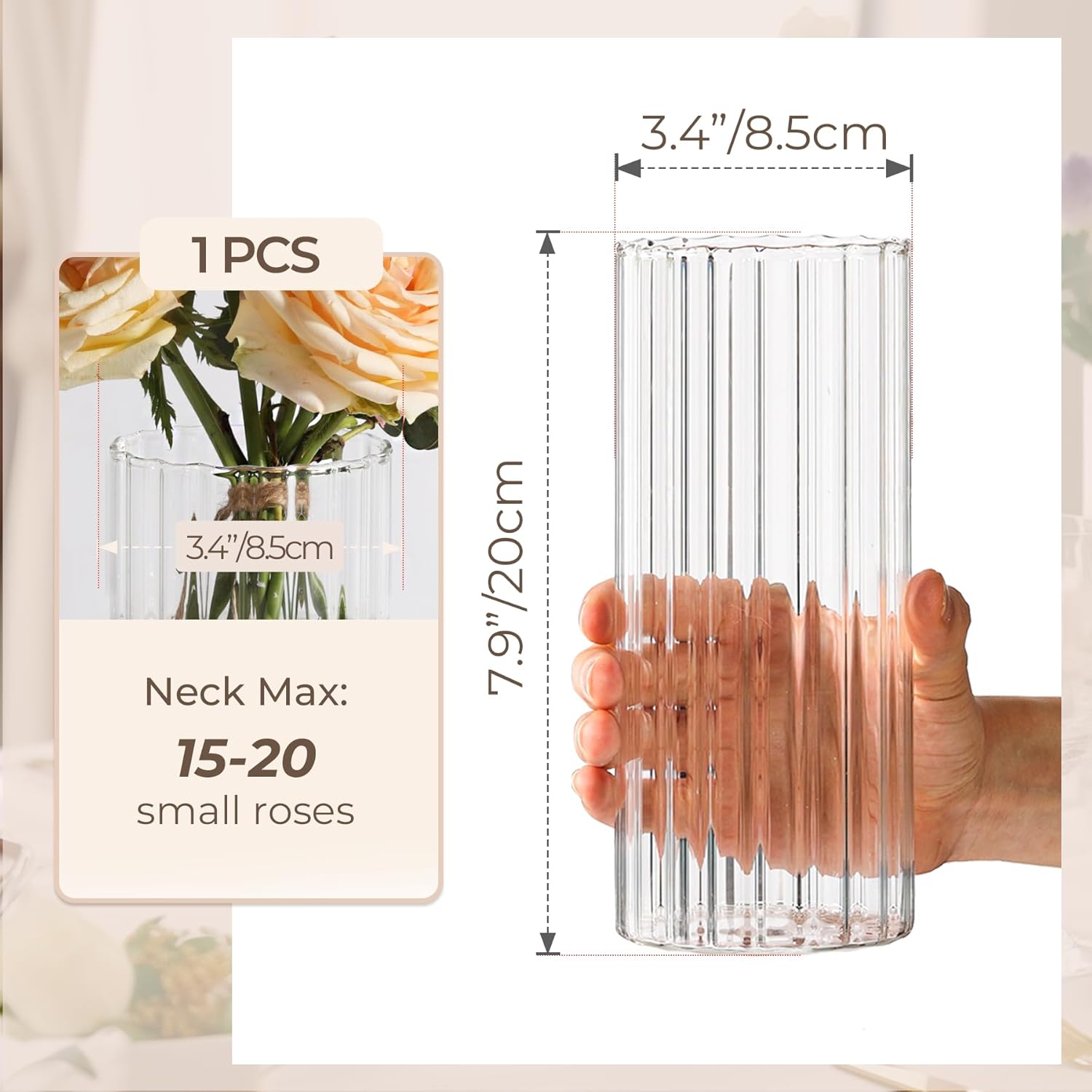 Provides exact measurements of the vase to help shoppers understand its size and capacity for flowers.