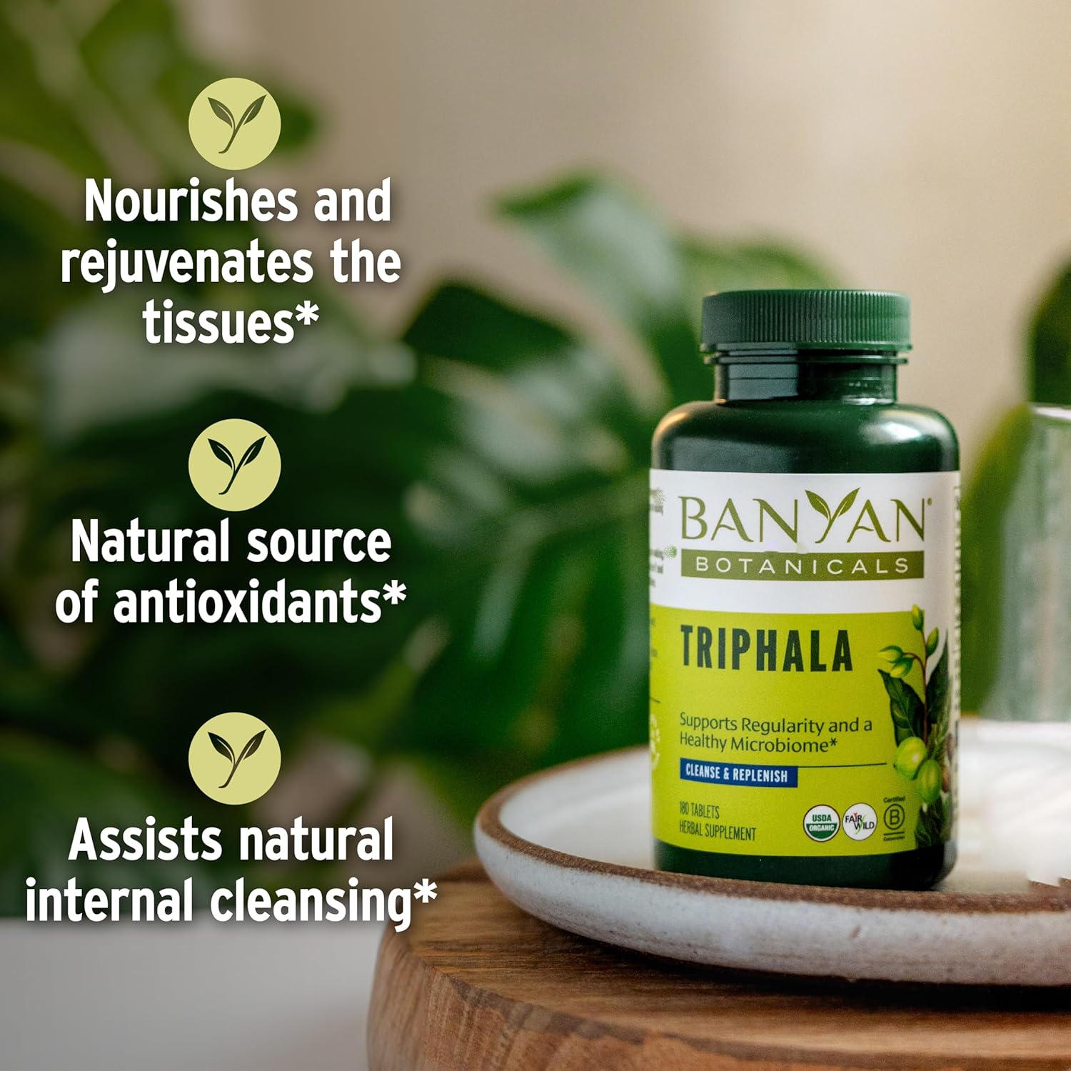 Highlights multiple health benefits of the Triphala supplement to showcase its versatility and effectiveness for overall wellness.