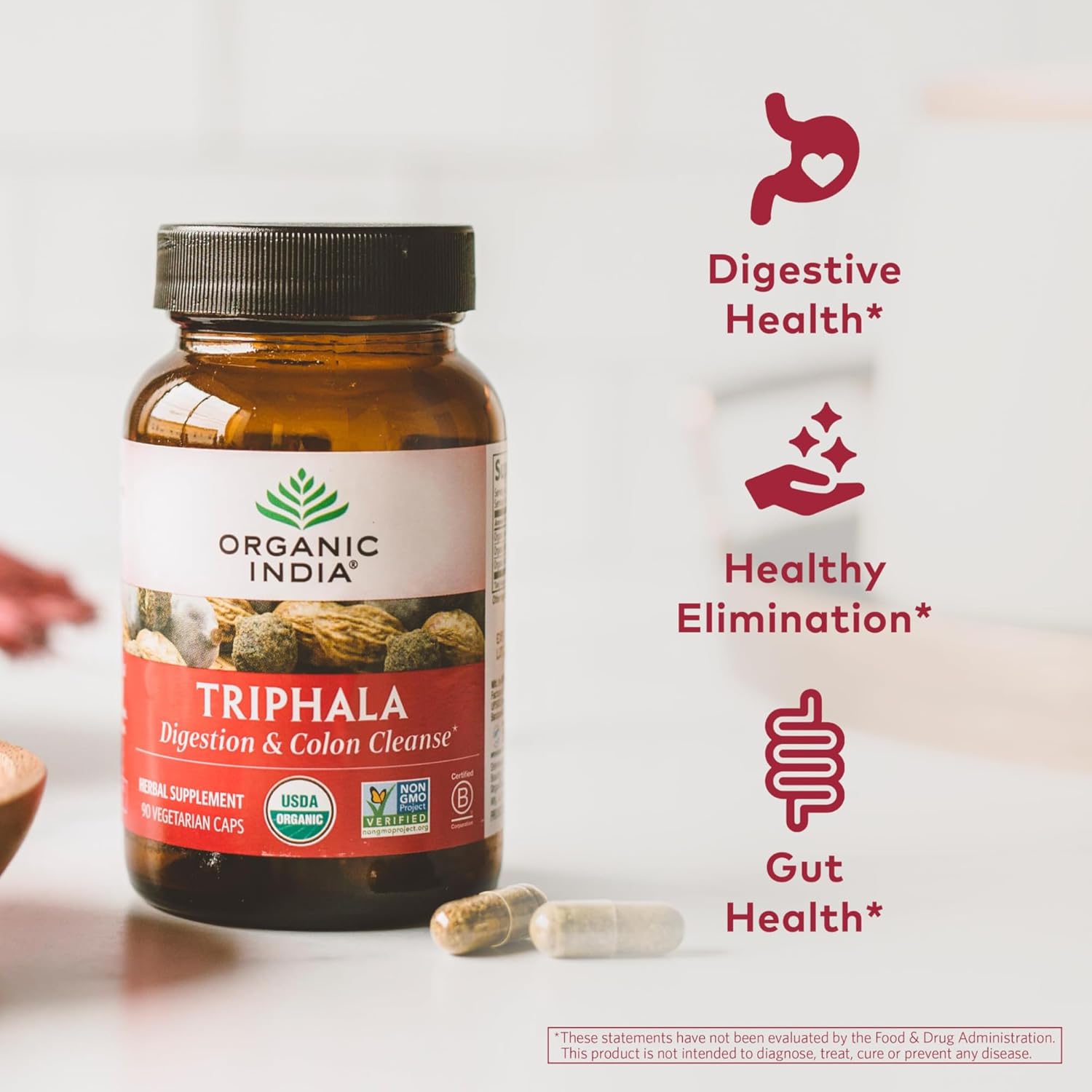 Highlights multiple health benefits of the Triphala supplement, focusing on digestive system support.