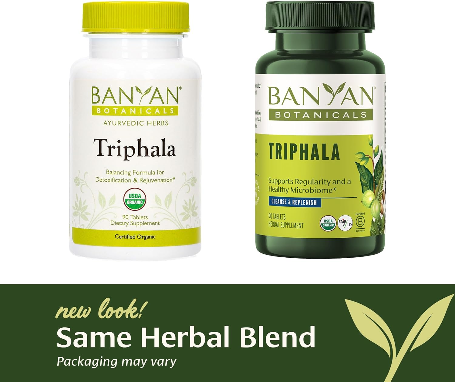 Shows the transition from old to new product packaging, reassuring customers that it's the same herbal blend despite the updated look.
