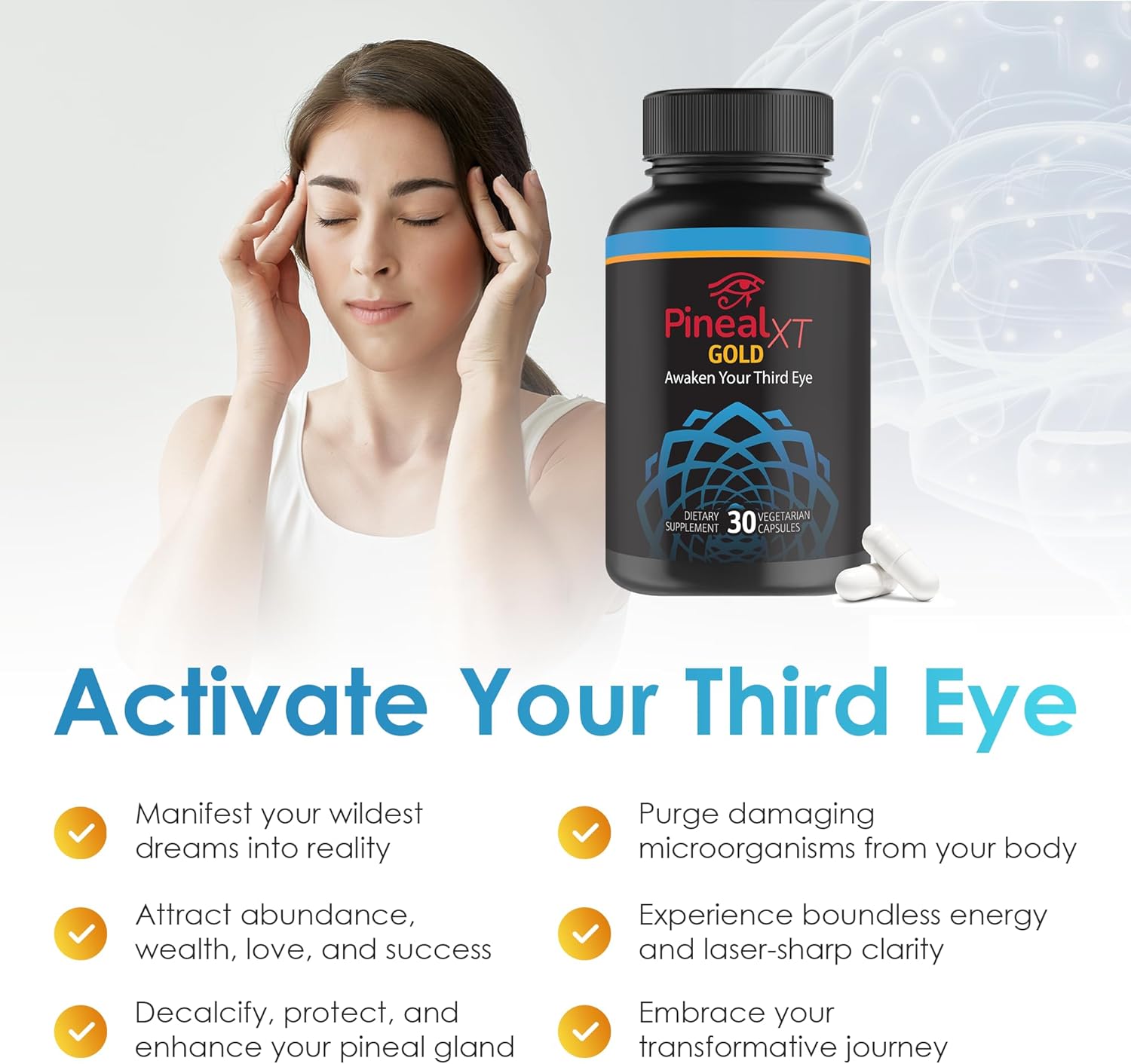 Highlights multiple benefits of the supplement, including spiritual awakening, energy enhancement, and overall well-being improvement.